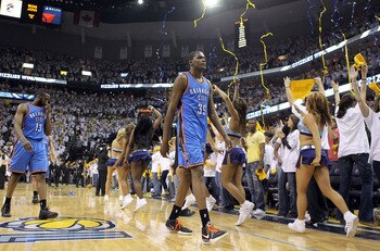 MEMPHIS, TN - MAY 07:  Kevin Durant #35 of the Oklahoma City Thunder walks off of the floor following the game against the Memphis Grizzlies in Game Three of the Western Conference Semifinals in the 2011 NBA Playoffs at FedExForum on May 7, 2011 in Memphi