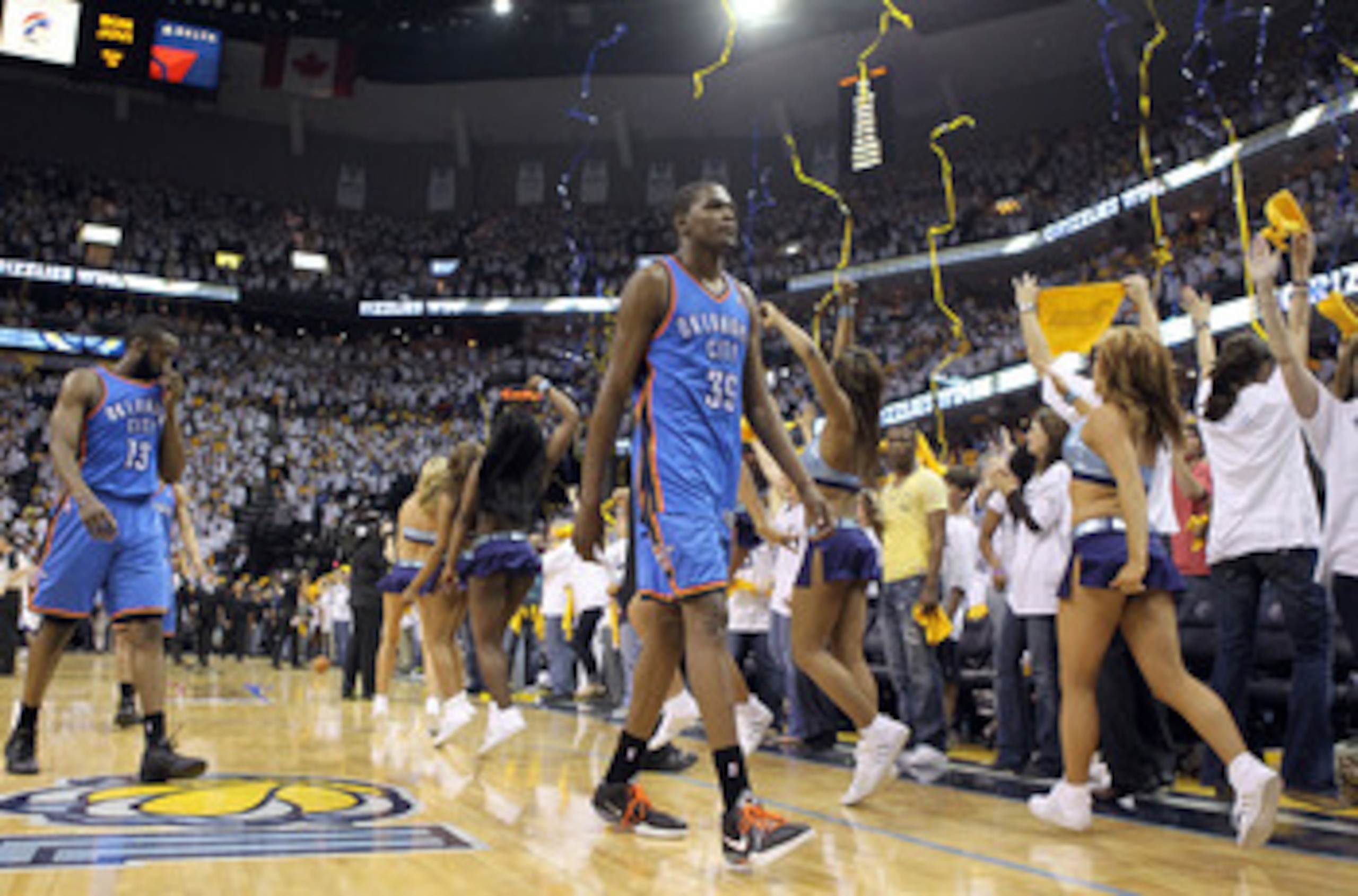 MEMPHIS, TN - MAY 07:  Kevin Durant #35 of the Oklahoma City Thunder walks off of the floor following the game against the Memphis Grizzlies in Game Three of the Western Conference Semifinals in the 2011 NBA Playoffs at FedExForum on May 7, 2011 in Memphi
