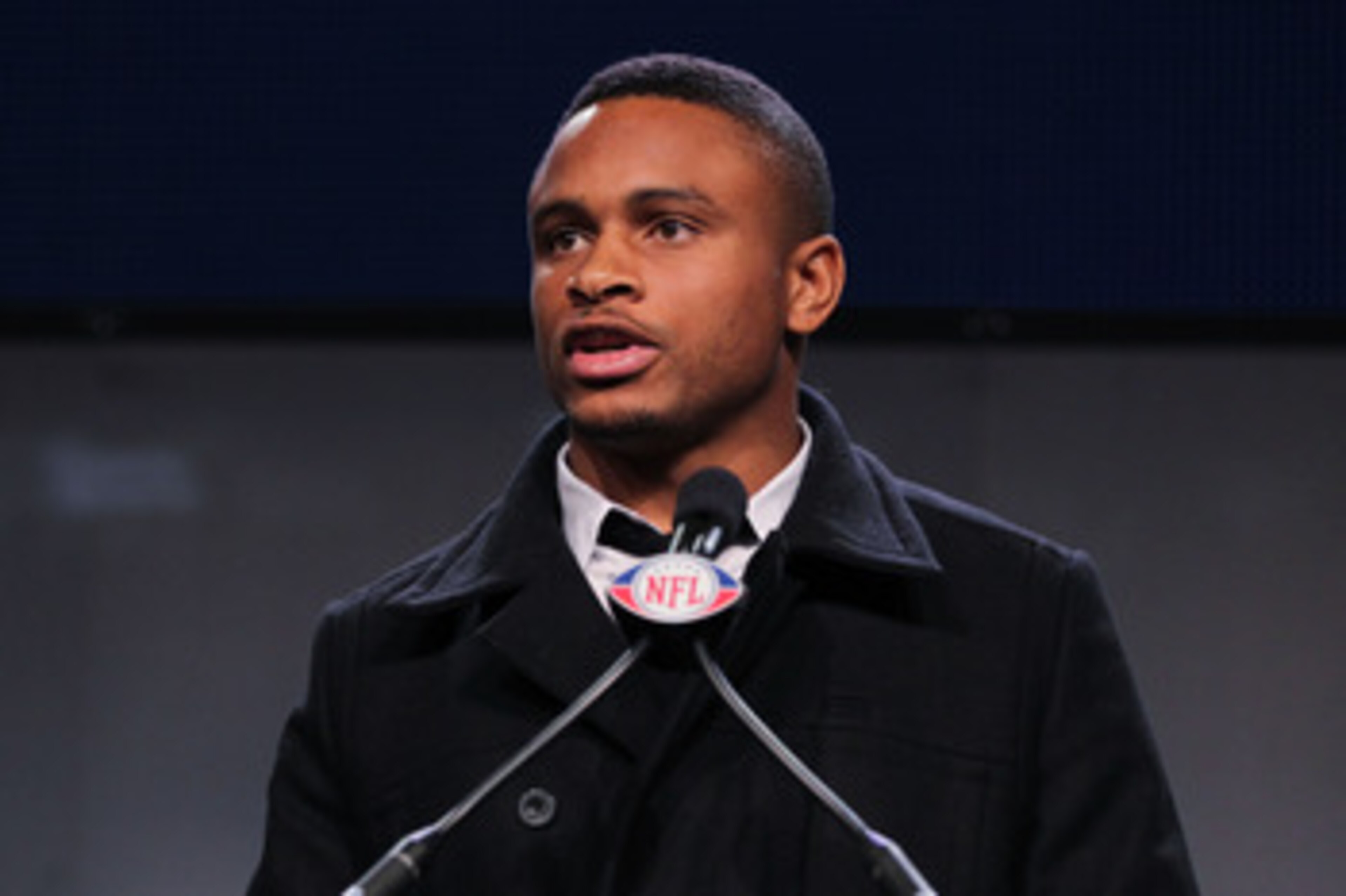 DALLAS, TX - FEBRUARY 04:  Walter Payton NFL Man of the Year Award finalist Nnamdi Asomugha of the Oakland Raiders speaks during a press conference at the Super Bowl XLV media center on February 4, 2011 in Dallas, Texas. The Green Bay Packers will play th