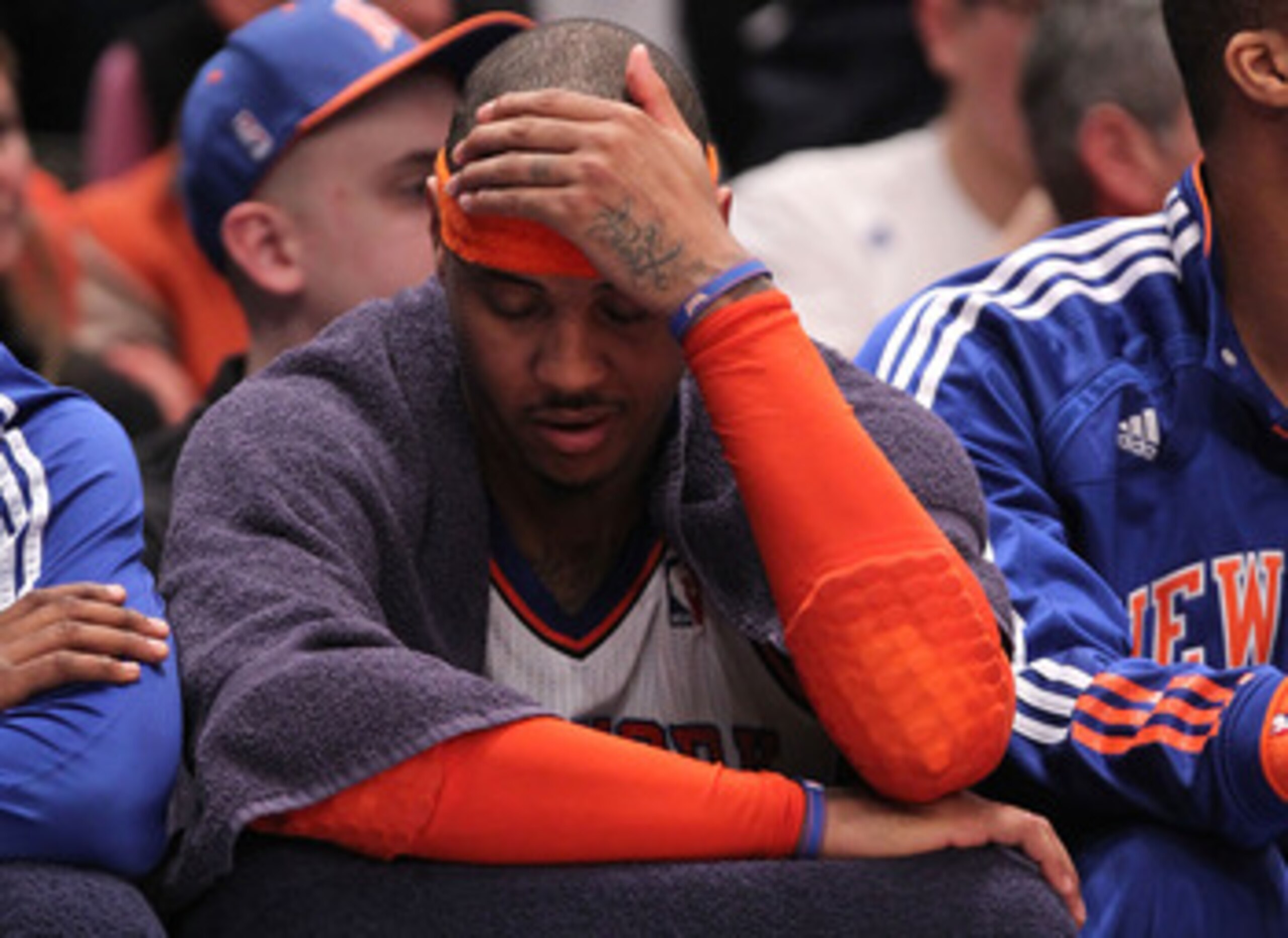 NEW YORK, NY - APRIL 22: Carmelo Anthony #7 of the New York Knicks sits on the bench dejected late in the second half against the Boston Celtics in Game Three of the Eastern Conference Quarterfinals in the 2011 NBA Playoffs on April 22, 2011 at Madison S NEW YORK, NY - APRIL 22: Carmelo Anthony #7 of the New York Knicks sits on the bench dejected late in the second half against the Boston Celtics in Game Three of the Eastern Conference Quarterfinals in the 2011 NBA Playoffs on April 22, 2011 at Madison S