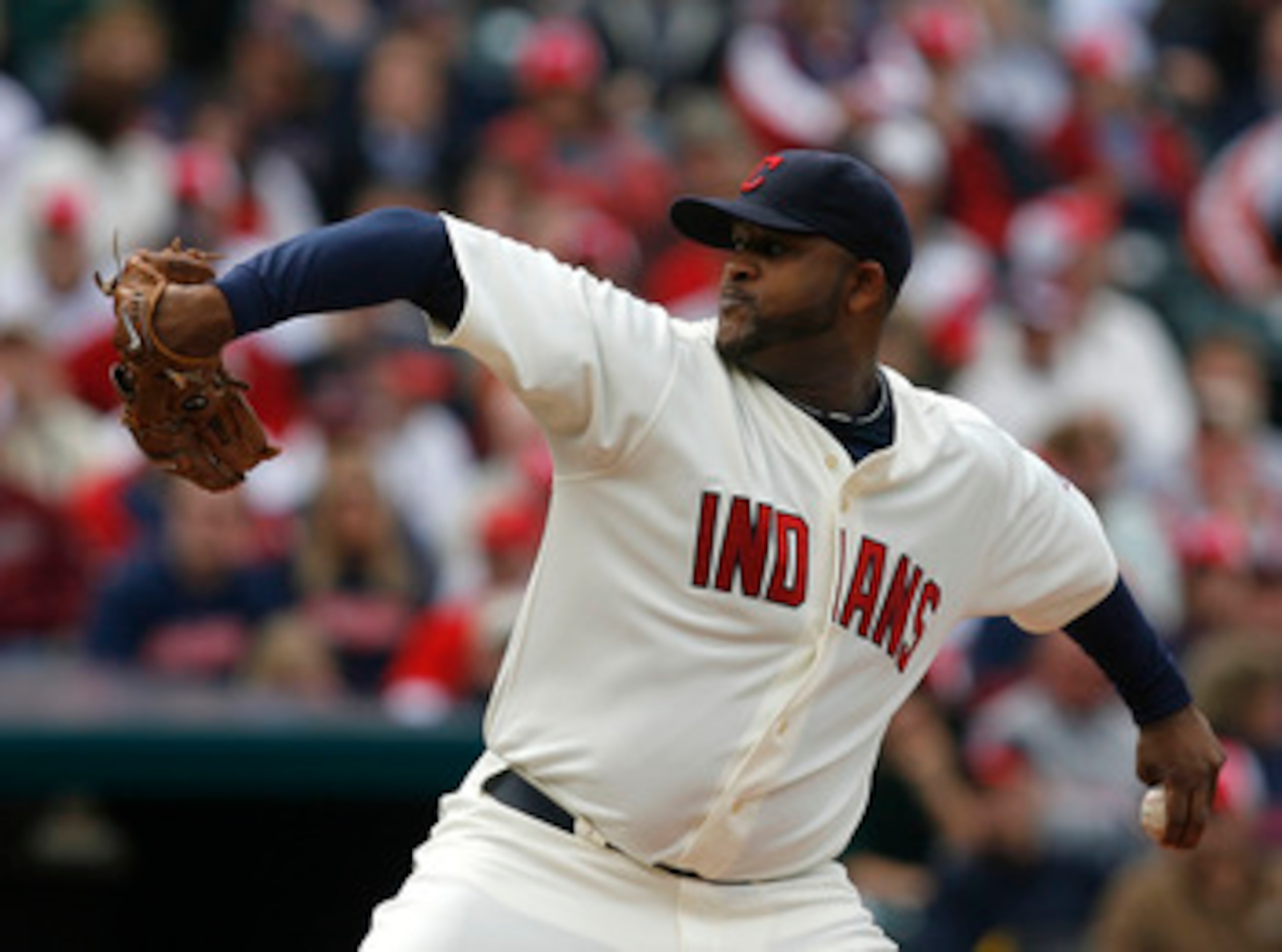CLEVELAND - MARCH 31:  Pitcher C.C. Sabathia #52 of the Cleveland Indians pitches during the first inning of their Opening Day game against the Chicago White Sox on March 31, 2008 at Progressive Field in Cleveland, Ohio.  (Photo by Matt Sullivan/Getty Ima