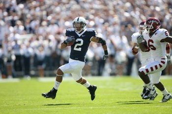 STATE COLLEGE, PA - SEPTEMBER 19: Wide receiver Chaz Powell #2 of the Penn State Nittany Lions runs with the ball after catching a pass during a game against the Temple Owls on September 19, 2009 at Beaver Stadium in State College, Pennsylvania. (Photo by