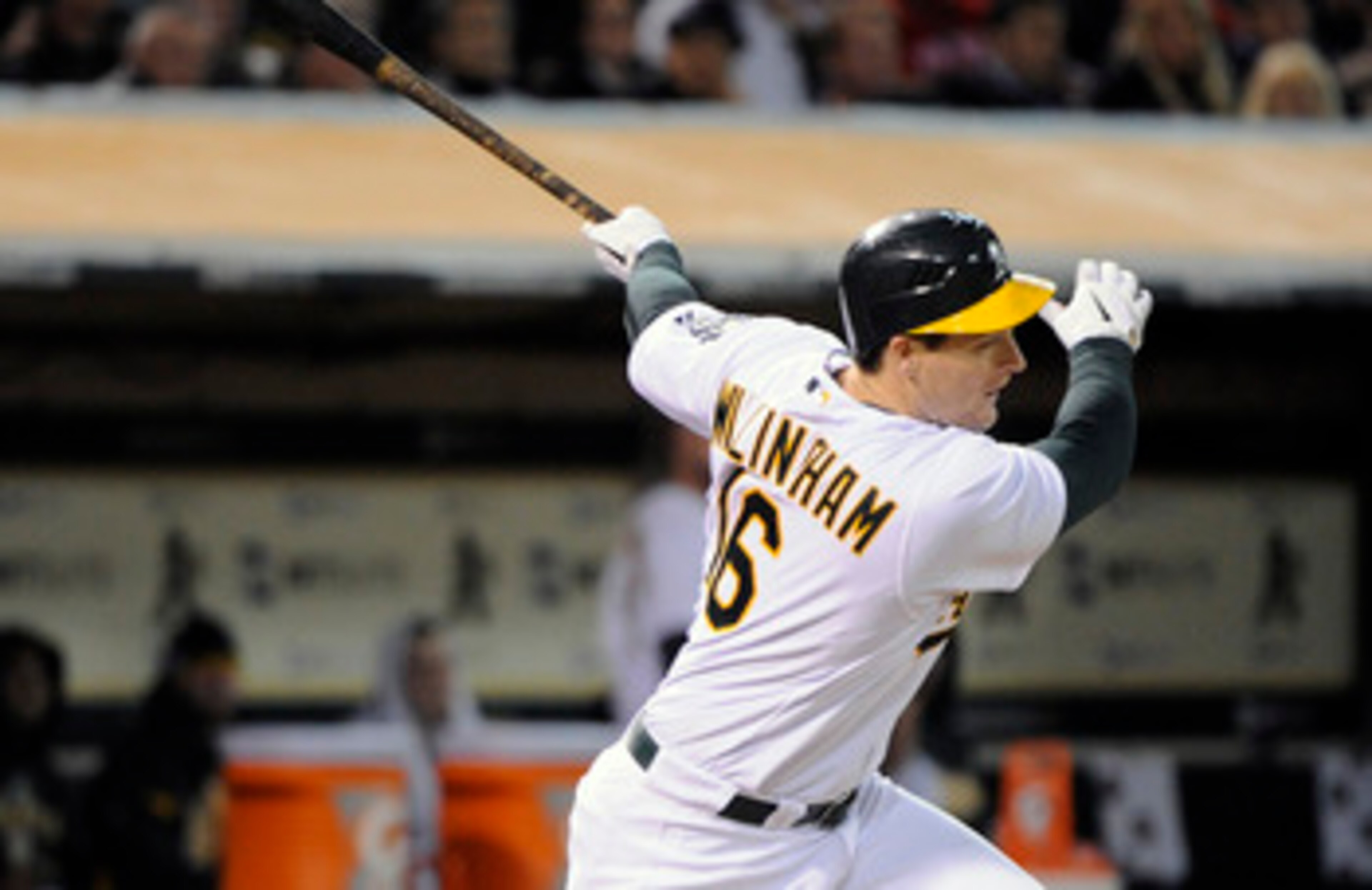 OAKLAND, CA - APRIL 29: Josh Willingham #16 of the Oakland Athletics doubles home a run in the bottom of the fifth inning against the Texas Rangers during a MLB baseball game at the Oakland-Alameda County Coliseum April 29, 2011 in Oakland, California. (P