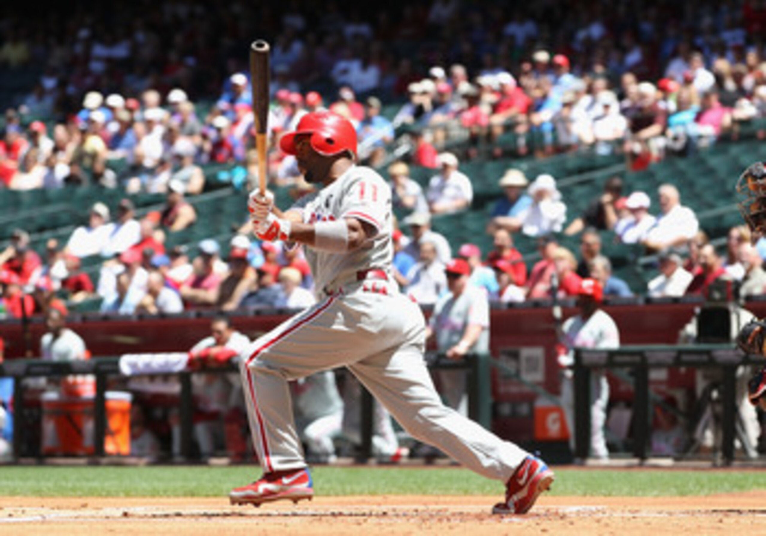 PHOENIX, AZ - APRIL 27:  Jimmy Rollins #11 of the Philadelphia Phillies bats against the Arizona Diamondbacks during the Major League Baseball game at Chase Field on April 27, 2011 in Phoenix, Arizona.  The Phillies defeated the Diamondbacks 8-4.  (Photo 