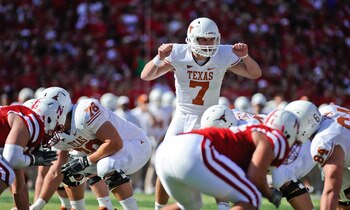 LINCOLN, NE - OCTOBER 16: Quarterback Garrett Gilbert #7 of the Texas Longhorns during first half action of their game at Memorial Stadium on October 16, 2010 in Lincoln, Nebraska. Texas Defeated Nebraska 20-13. (Photo by Eric Francis/Getty Images)