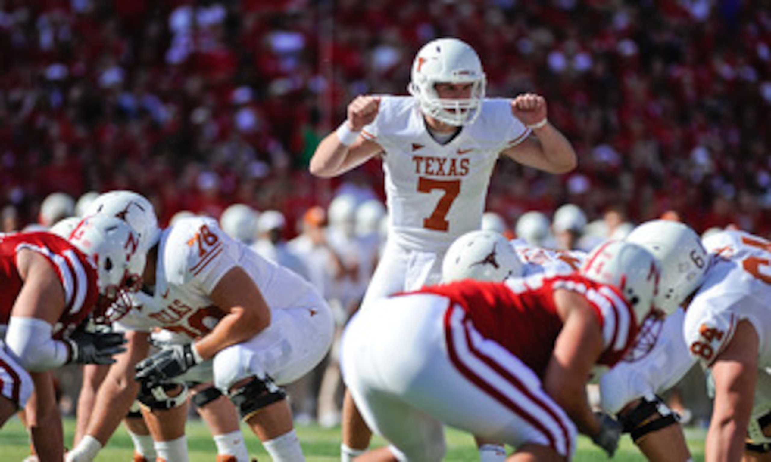 LINCOLN, NE - OCTOBER 16: Quarterback Garrett Gilbert #7 of the Texas Longhorns during first half action of their game at Memorial Stadium on October 16, 2010 in Lincoln, Nebraska. Texas Defeated Nebraska 20-13. (Photo by Eric Francis/Getty Images)