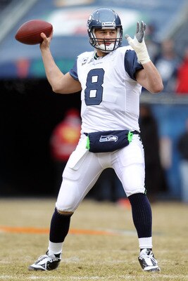 CHICAGO, IL - JANUARY 16: Quarterback Matt Hasselbeck #8 of the Seattle Seahawks looks to throw the ball during pregame before taking on the Chicago Bears in the 2011 NFC divisional playoff game at Soldier Field on January 16, 2011 in Chicago, Illinois. CHICAGO, IL - JANUARY 16: Quarterback Matt Hasselbeck #8 of the Seattle Seahawks looks to throw the ball during pregame before taking on the Chicago Bears in the 2011 NFC divisional playoff game at Soldier Field on January 16, 2011 in Chicago, Illinois.