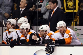 BOSTON, MA - MAY 04: Nikolay Zherdev #93, Kris Versteeg #10 and Jeff Carter #17 of the Philadelphia Flyers look on late in the third period against the Boston Bruins  in Game Three of the Eastern Conference Semifinals during the 2011 NHL Stanley Cup Playo