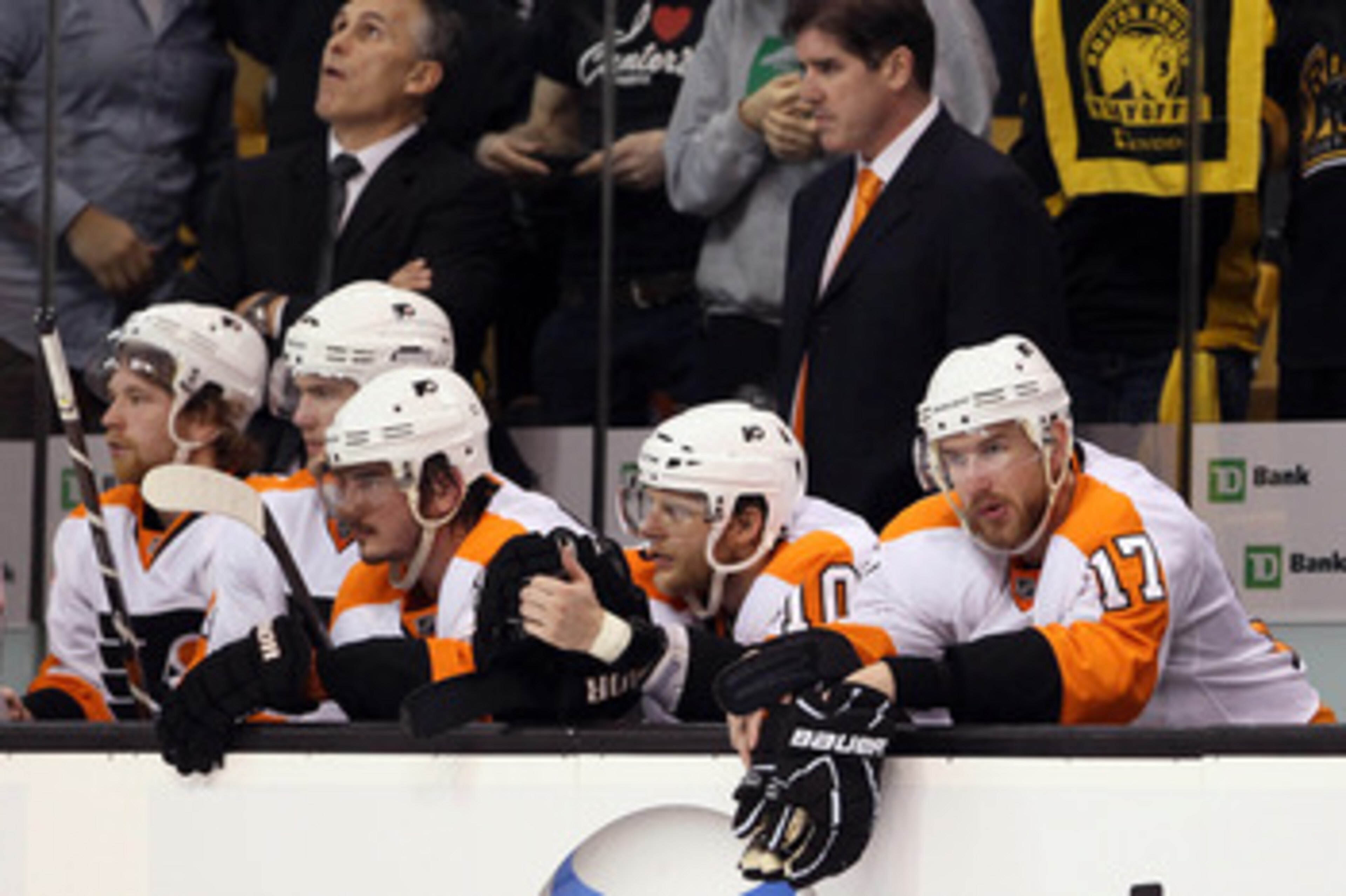 BOSTON, MA - MAY 04: Nikolay Zherdev #93, Kris Versteeg #10 and Jeff Carter #17 of the Philadelphia Flyers look on late in the third period against the Boston Bruins  in Game Three of the Eastern Conference Semifinals during the 2011 NHL Stanley Cup Playo