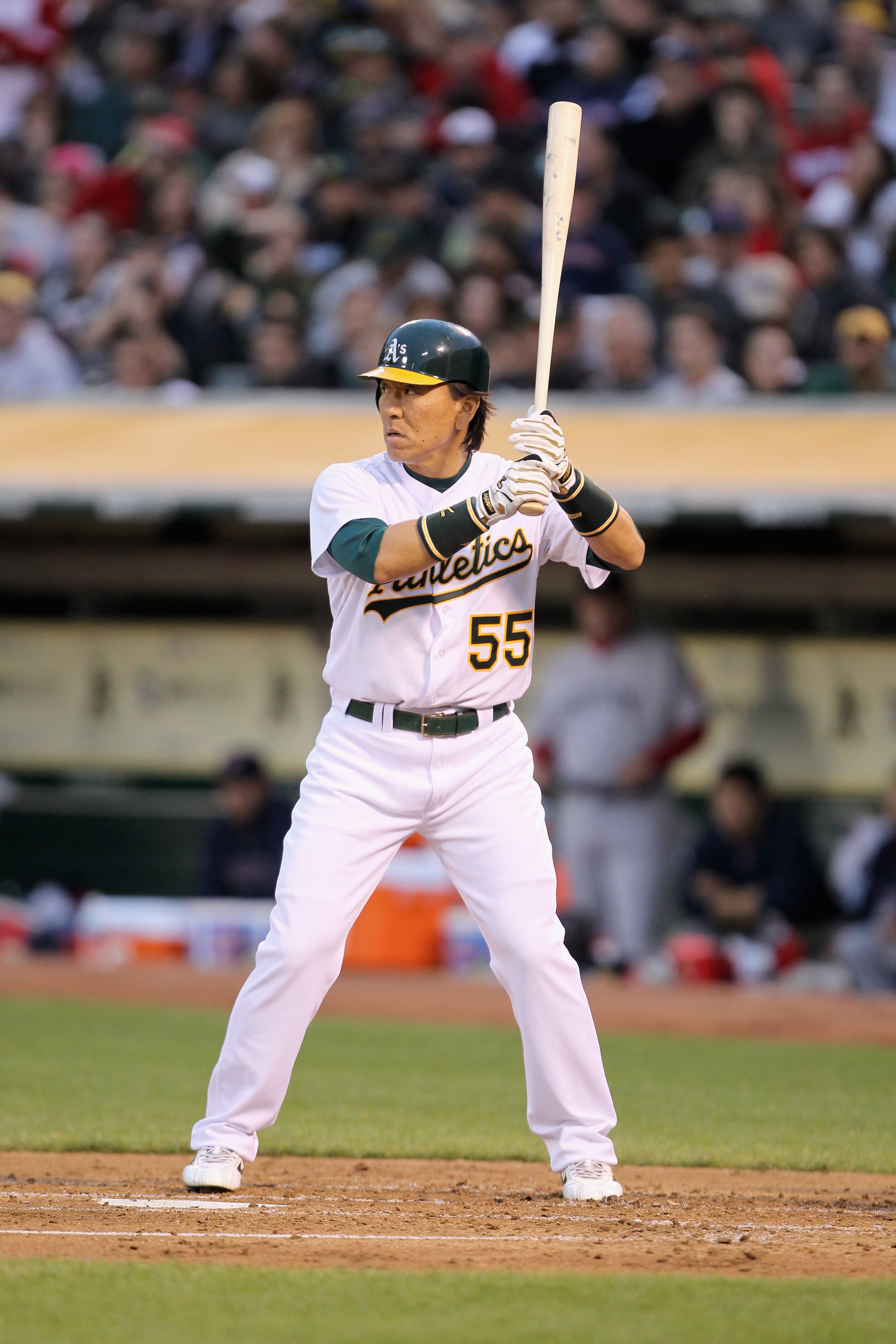 OAKLAND, CA - APRIL 19:  Hideki Matsui #55 of the Oakland Athletics in action against the Boston Red Sox at Oakland-Alameda County Coliseum on April 19, 2011 in Oakland, California.  (Photo by Ezra Shaw/Getty Images)