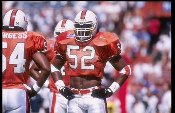 4 Nov 1995:  Ray Lewis of the Miami Hurricanes looks on during a game against the Baylor Bears at the Orange Bowl in Coral Gables, Florida.  Miami won the game, 35-14. Mandatory Credit: Andy Lyons  /Allsport