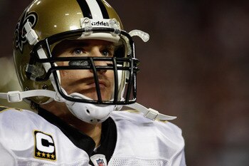 ATLANTA, GA - DECEMBER 27:  Quarterback Drew Brees #9 of the New Orleans Saints walks off the field in the second half during the game against the Atlanta Falcons at the Georgia Dome on December 27, 2010 in Atlanta, Georgia.  (Photo by Scott Halleran/Gett