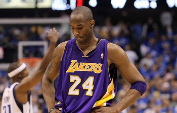 DALLAS, TX - MAY 06:  Guard Kobe Bryant #24 of the Los Angeles Lakers reacts during a 98-92 loss against the Dallas Mavericks in Game Three of the Western Conference Semifinals during the 2011 NBA Playoffs on May 6, 2011 at American Airlines Center in Dal