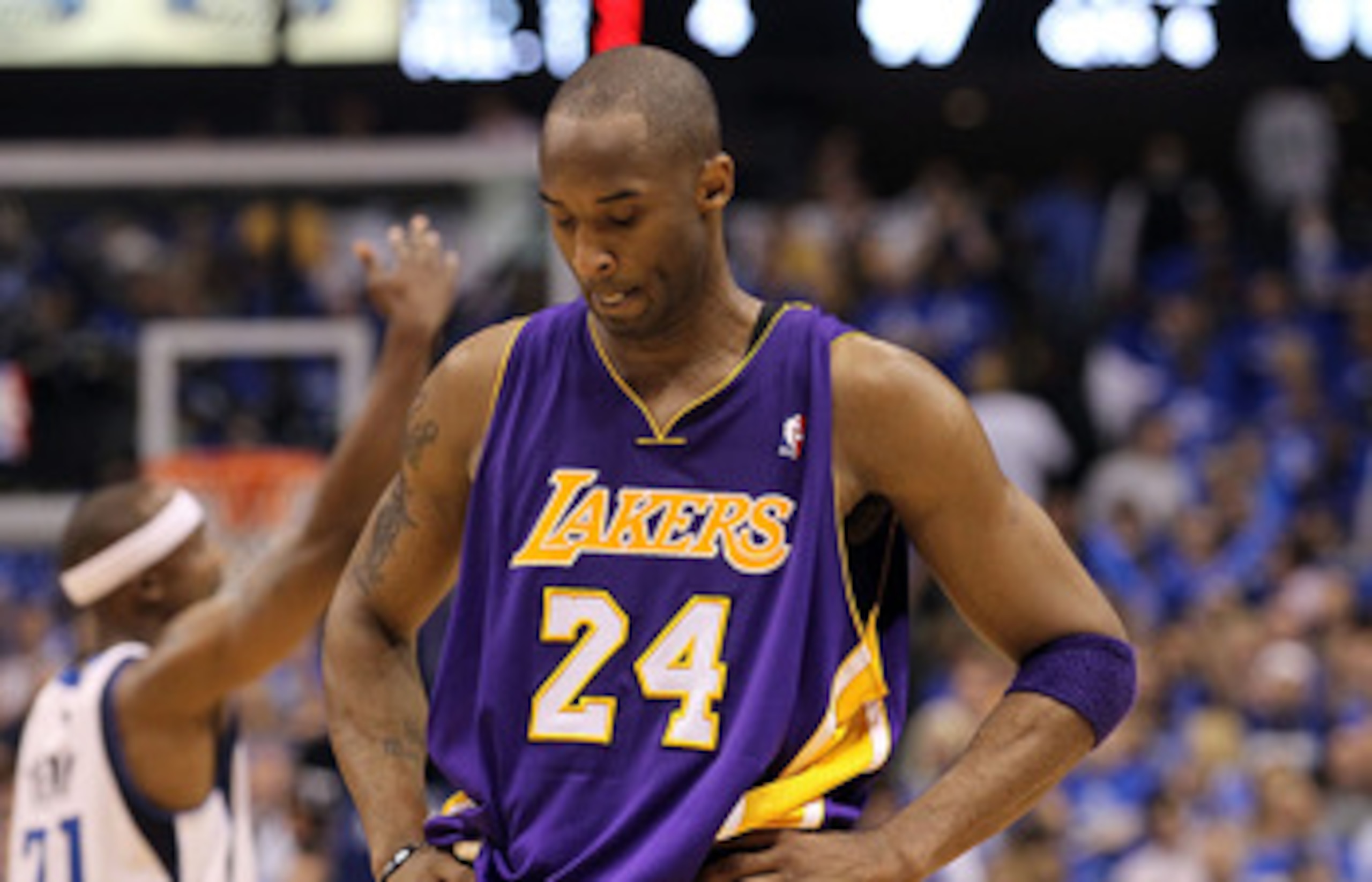 DALLAS, TX - MAY 06:  Guard Kobe Bryant #24 of the Los Angeles Lakers reacts during a 98-92 loss against the Dallas Mavericks in Game Three of the Western Conference Semifinals during the 2011 NBA Playoffs on May 6, 2011 at American Airlines Center in Dal
