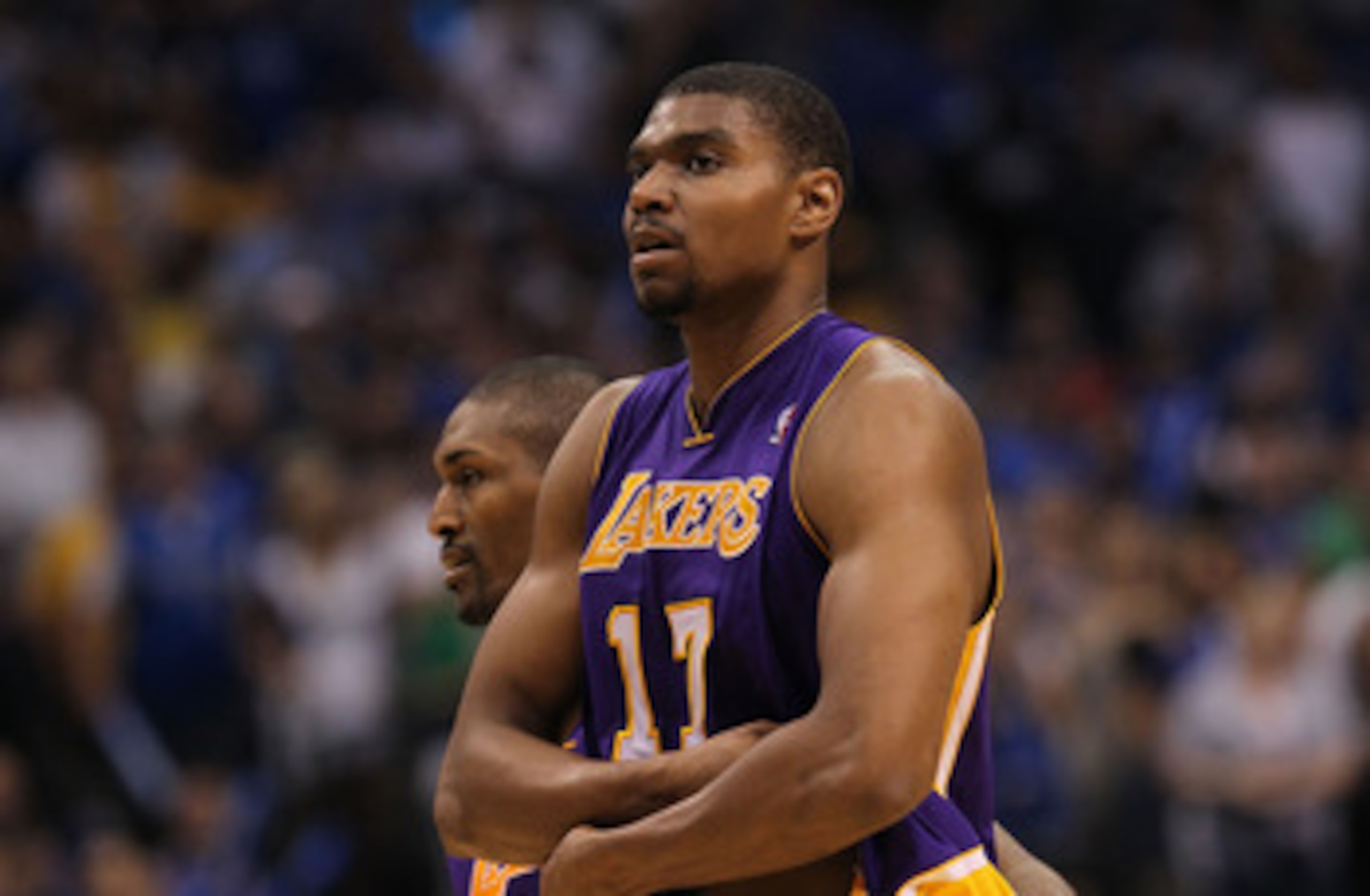 DALLAS, TX - MAY 08:  Andrew Bynum #17 of the Los Angeles Lakers is ejected from play against the Dallas Mavericks in Game Four of the Western Conference Semifinals during the 2011 NBA Playoffs on May 8, 2011 at American Airlines Center in Dallas, Texas.