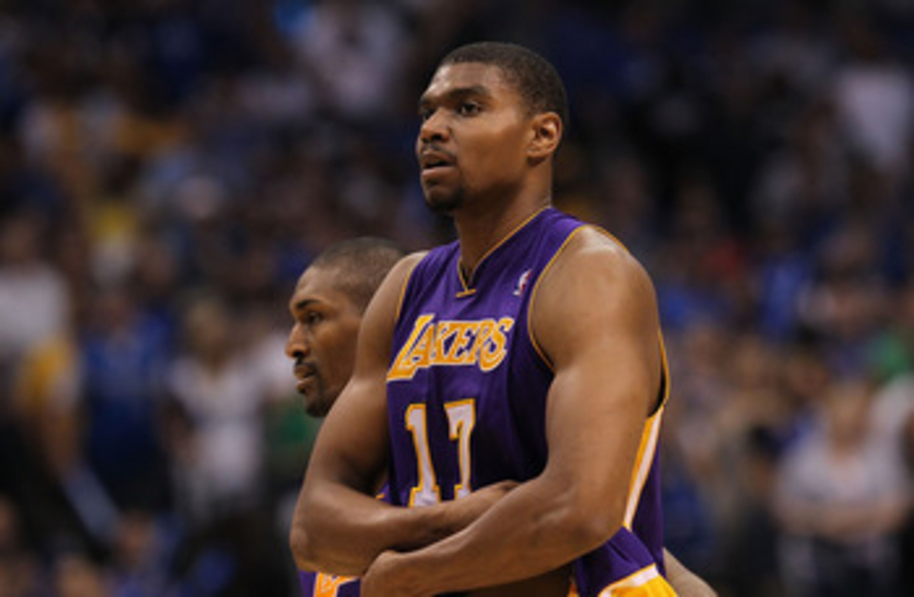DALLAS, TX - MAY 08: Andrew Bynum #17 of the Los Angeles Lakers is ejected from play against the Dallas Mavericks in Game Four of the Western Conference Semifinals during the 2011 NBA Playoffs on May 8, 2011 at American Airlines Center in Dallas, Texas. DALLAS, TX - MAY 08: Andrew Bynum #17 of the Los Angeles Lakers is ejected from play against the Dallas Mavericks in Game Four of the Western Conference Semifinals during the 2011 NBA Playoffs on May 8, 2011 at American Airlines Center in Dallas, Texas.