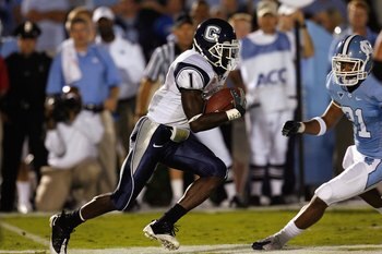 CHAPEL HILL, NC - OCTOBER 4:  Darius Butler #1 of the Connecticut Huskies runs with the ball during the game against the North Carolina Tar Heels at Kenan Stadium on October 4, 2008 in Chapel Hill, North Carolina.  (Photo by Kevin C. Cox/Getty Images)