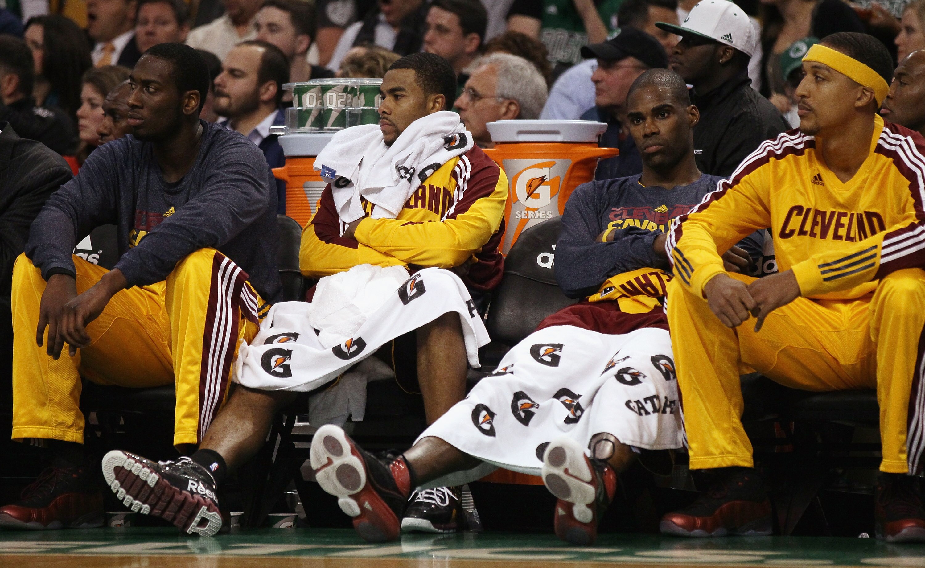 BOSTON, MA - JANUARY 25:  Member of the Cleveland Cavaliers react on the bench as they lose their 18th straight game this season on January 25, 2011 at the TD Garden in Boston, Massachusetts. The Boston Celtics defeated the Cavaliers 112-95.  NOTE TO USER