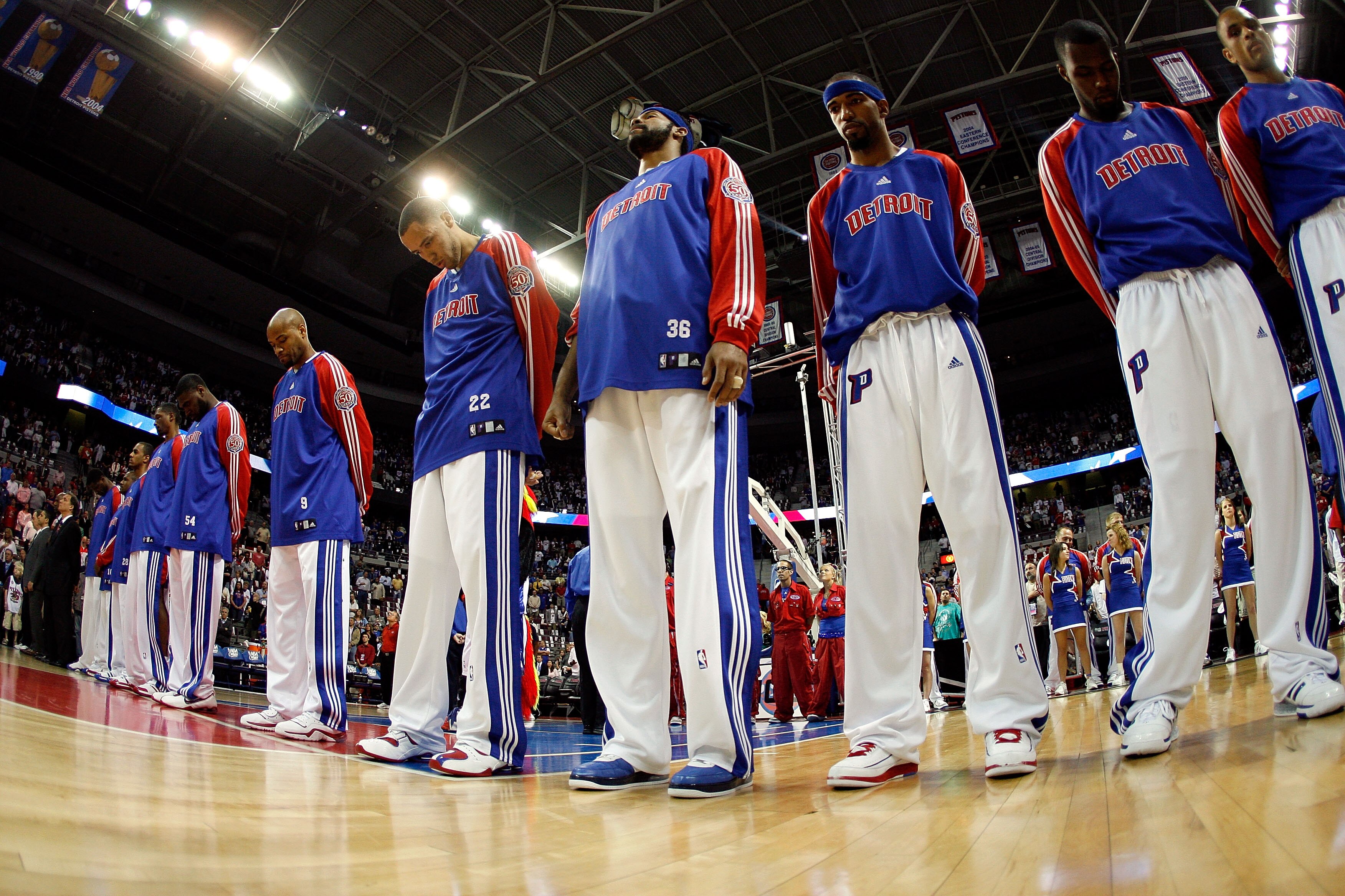 AUBURN HILLS, MI - MAY 13:  Tayshaun Prince #22, Rasheed Wallace #36 and Richard Hamilton #32 of the Detroit Pistons stands among their teammates during the playing of the National Anthem against the Orlando Magic in Game Five of the Eastern Conference Se