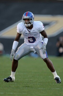BOULDER, CO - OCTOBER 20:  Aqib Talib #3 of the Kansas Jayhawks defends against the Colorado Buffaloes at Folsom Field October 20, 2007 in Boulder, Colorado. Kansas defeated Colorado 19-14.  (Photo by Doug Pensinger/Getty Images)