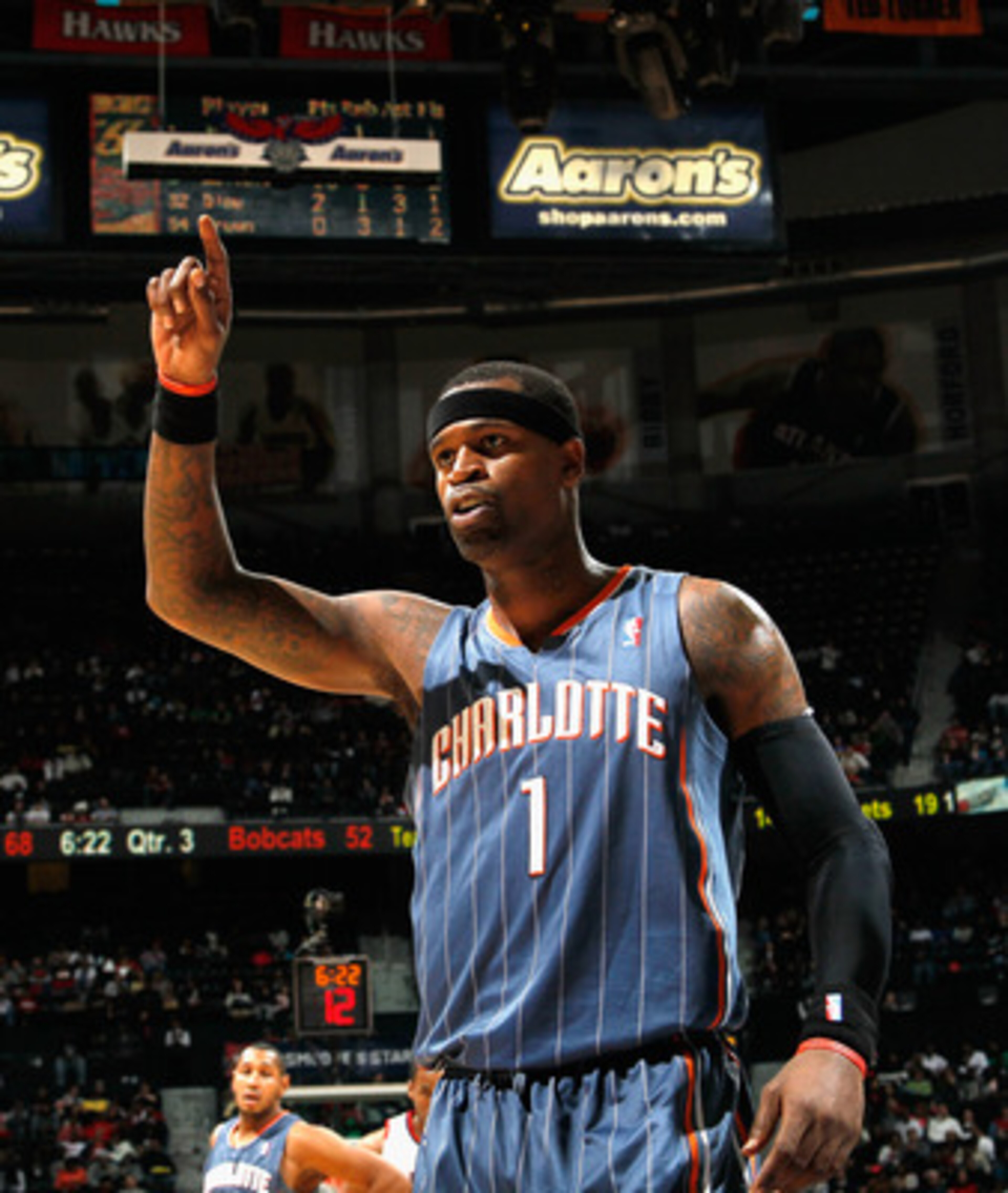 ATLANTA, GA - FEBRUARY 12: Stephen Jackson #1 of the Charlotte Bobcats reacts after being called for a foul against the Atlanta Hawks at Philips Arena on February 12, 2011 in Atlanta, Georgia. NOTE TO USER: User expressly acknowledges and agrees that, b ATLANTA, GA - FEBRUARY 12: Stephen Jackson #1 of the Charlotte Bobcats reacts after being called for a foul against the Atlanta Hawks at Philips Arena on February 12, 2011 in Atlanta, Georgia. NOTE TO USER: User expressly acknowledges and agrees that, b
