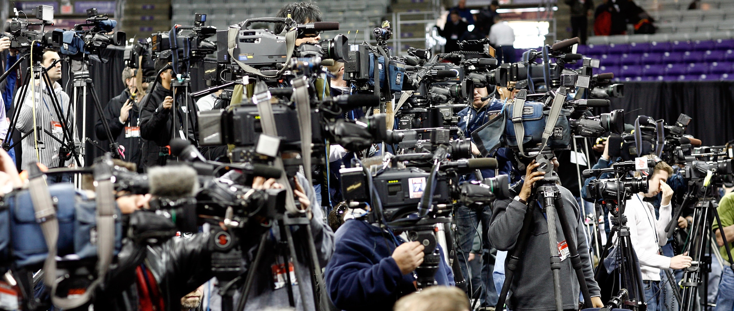 FORT WORTH, TX - FEBRUARY 02:  Television cameras line the risers as the Pittsburgh Steelers talk with the media on February 2, 2011 in Fort Worth, Texas. The Pittsburgh Steelers will play the Green Bay Packers in Super Bowl XLV on February 6, 2011 at Cow