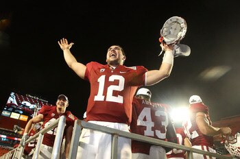 MIAMI, FL - JANUARY 03: Orange bowl MVP Andrew Luck of the Stanford Cardinal celebrates after Stanford won 40-12 against the Virginia Tech Hokies during the 2011 Discover Orange Bowl at Sun Life Stadium on January 3, 2011 in Miami, Florida. (Photo by Stre MIAMI, FL - JANUARY 03: Orange bowl MVP Andrew Luck of the Stanford Cardinal celebrates after Stanford won 40-12 against the Virginia Tech Hokies during the 2011 Discover Orange Bowl at Sun Life Stadium on January 3, 2011 in Miami, Florida. (Photo by Stre
