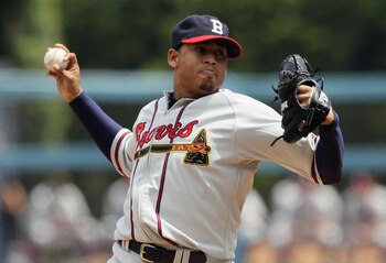 LOS ANGELES, CA - APRIL 21:  Jair Jurrjens #49 of the Atlanta Braves pitches against the Los Angeles Dodgers in the first inning at Dodger Stadium on April 21, 2011 in Los Angeles, California.  (Photo by Jeff Gross/Getty Images)