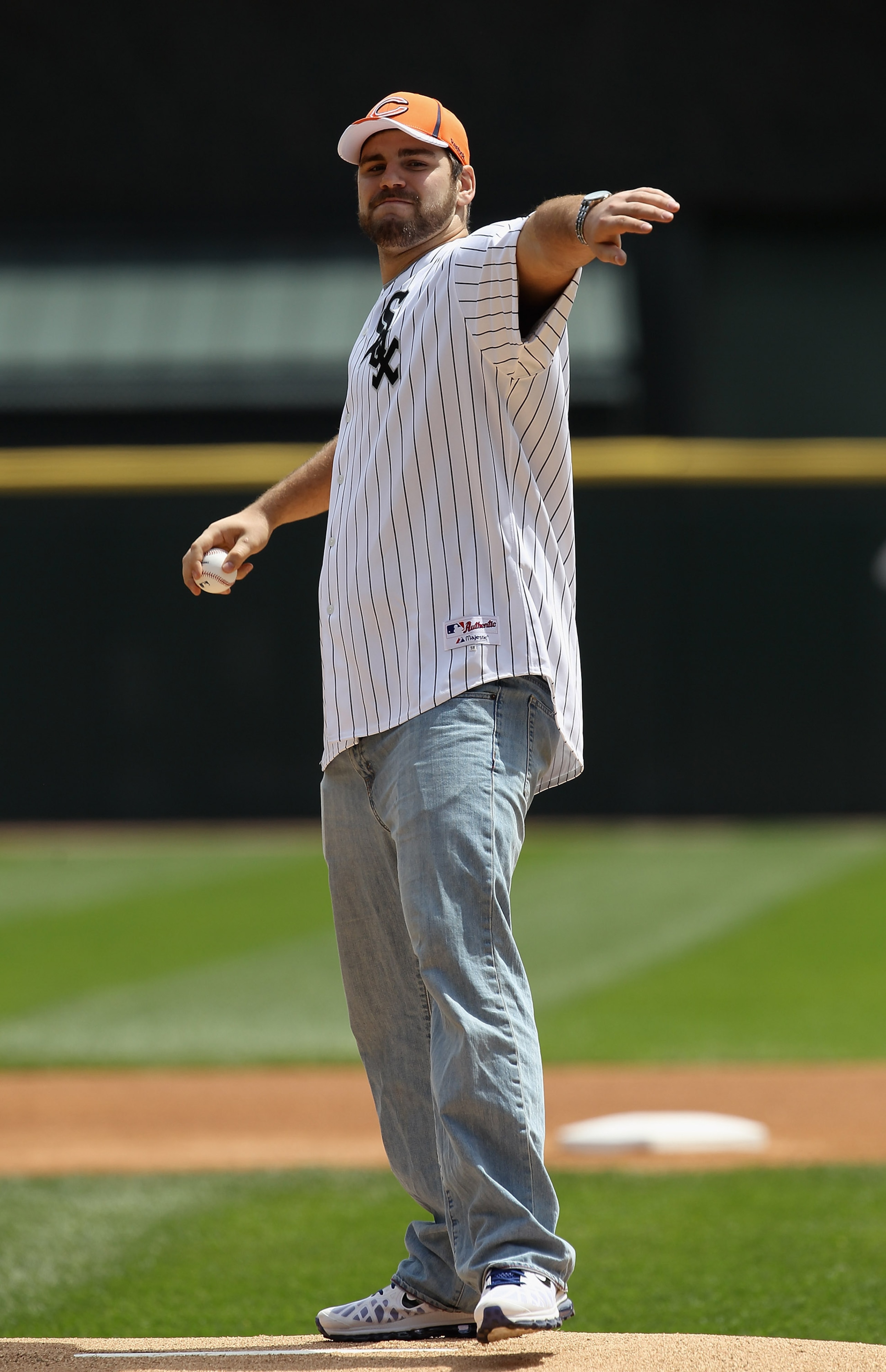 CHICAGO, IL - MAY 01: Gabe Carimi, the 1st round draft choice of the Chicago Bears, throws out a ceremonial first pitch before the Chicago White Sox take on the Baltimore Orioles at U.S. Cellular Field on May 1, 2011 in Chicago, Illinois. (Photo by Jonath