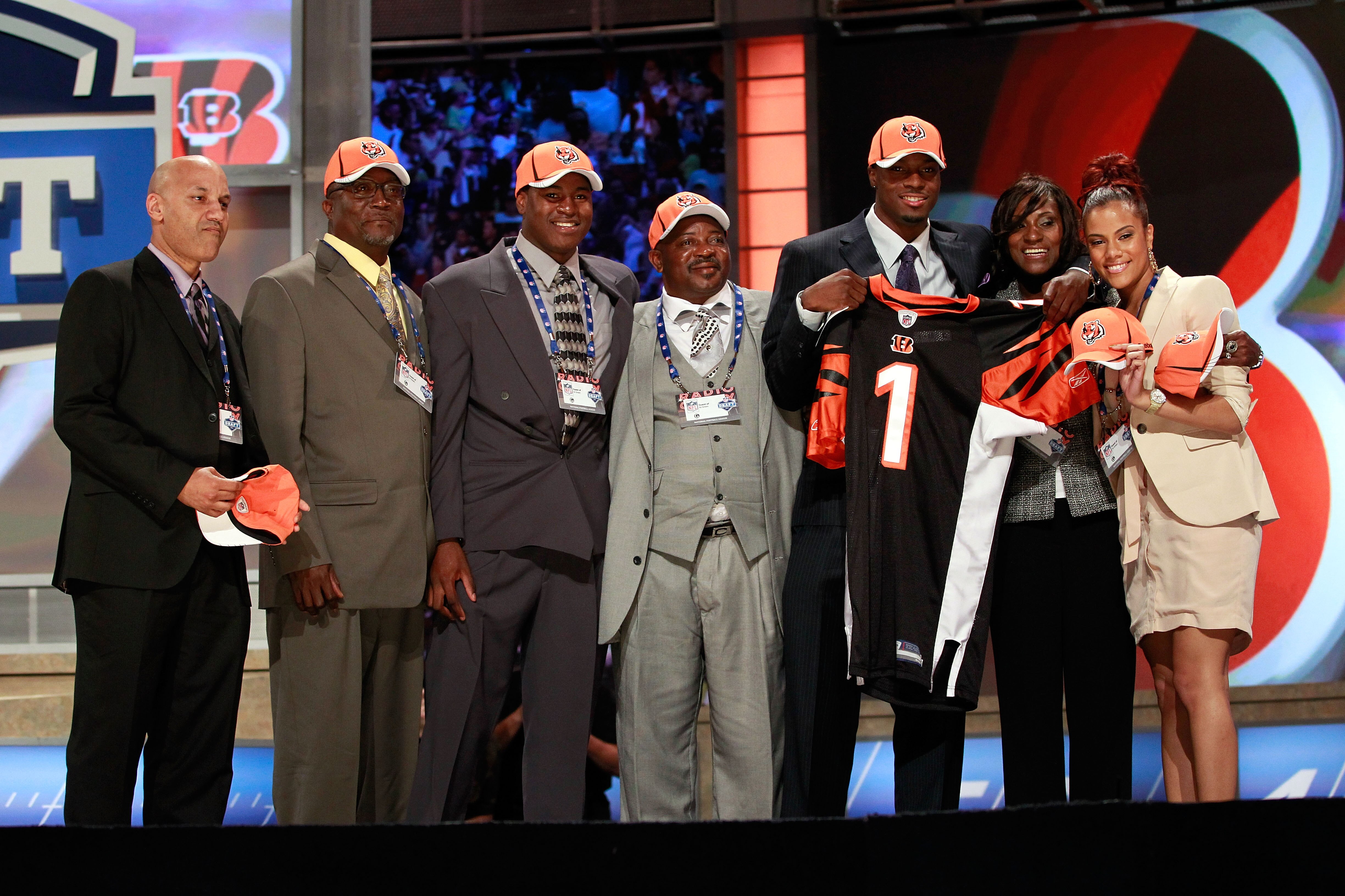 NEW YORK, NY - APRIL 28:  A.J. Green, #4 overall pick by the Cincinnati Bengals, poses for a photo on stage with family members during the 2011 NFL Draft at Radio City Music Hall on April 28, 2011 in New York City.  (Photo by Chris Trotman/Getty Images)