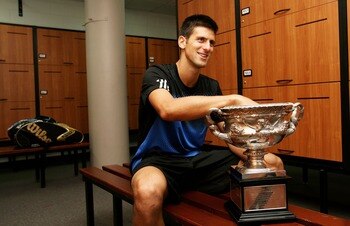 BELGRADE, SERBIA - DECEMBER 05:  Novak Djokovic of Serbia celebrates winning a game in his match against Gael Monfils of France during day three of the Davis Cup Tennis Final at the Begrade Arena on December 5, 2010 in Belgrade, Serbia.  (Photo by Julian