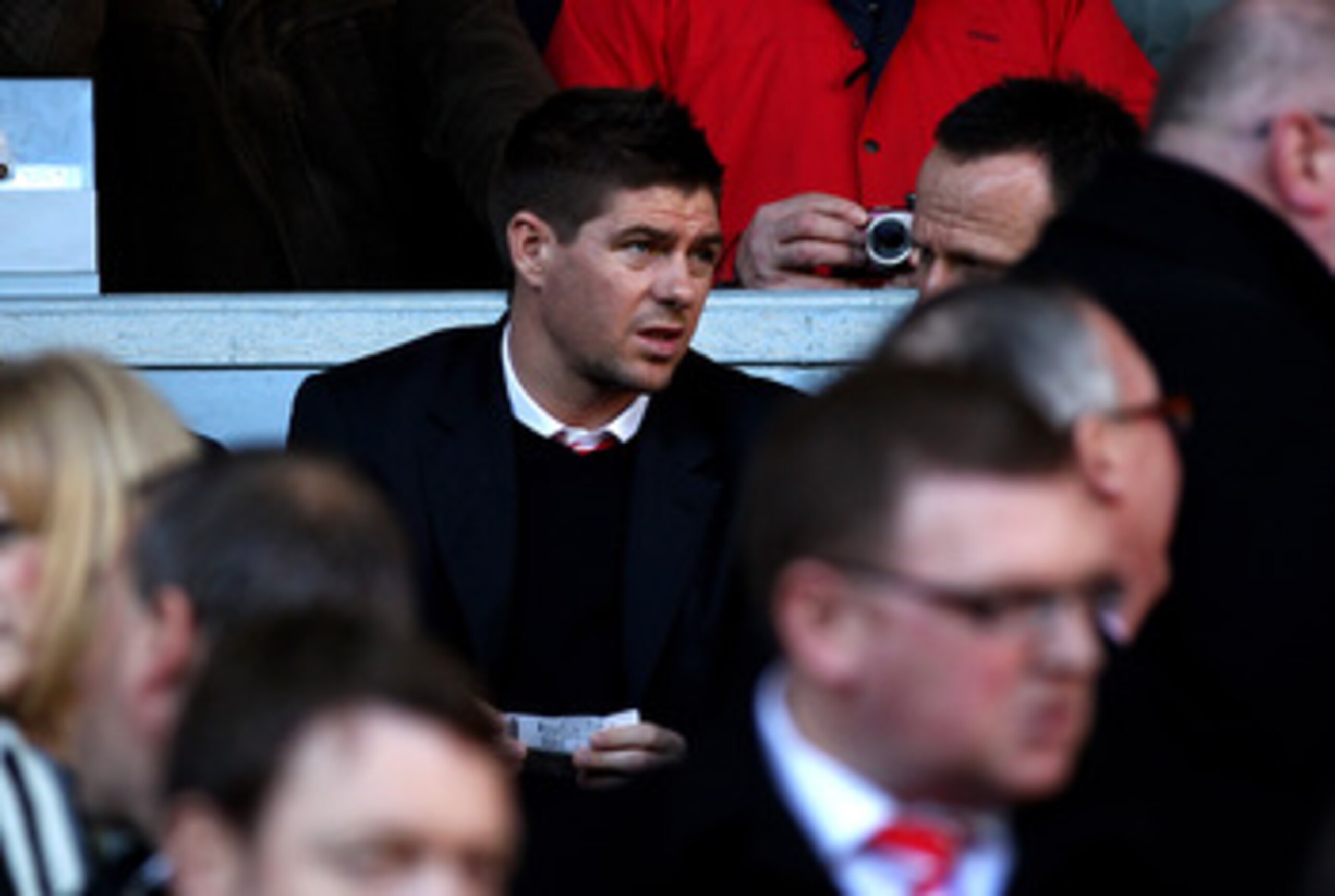 LIVERPOOL, ENGLAND - FEBRUARY 12: Steven Gerrard of Liverpool looks on from the stands prior to the Barclays Premier League match between Liverpool and Wigan Athletic at Anfield on February 12, 2011 in Liverpool, England. (Photo by Clive Brunskill/Getty LIVERPOOL, ENGLAND - FEBRUARY 12: Steven Gerrard of Liverpool looks on from the stands prior to the Barclays Premier League match between Liverpool and Wigan Athletic at Anfield on February 12, 2011 in Liverpool, England. (Photo by Clive Brunskill/Getty