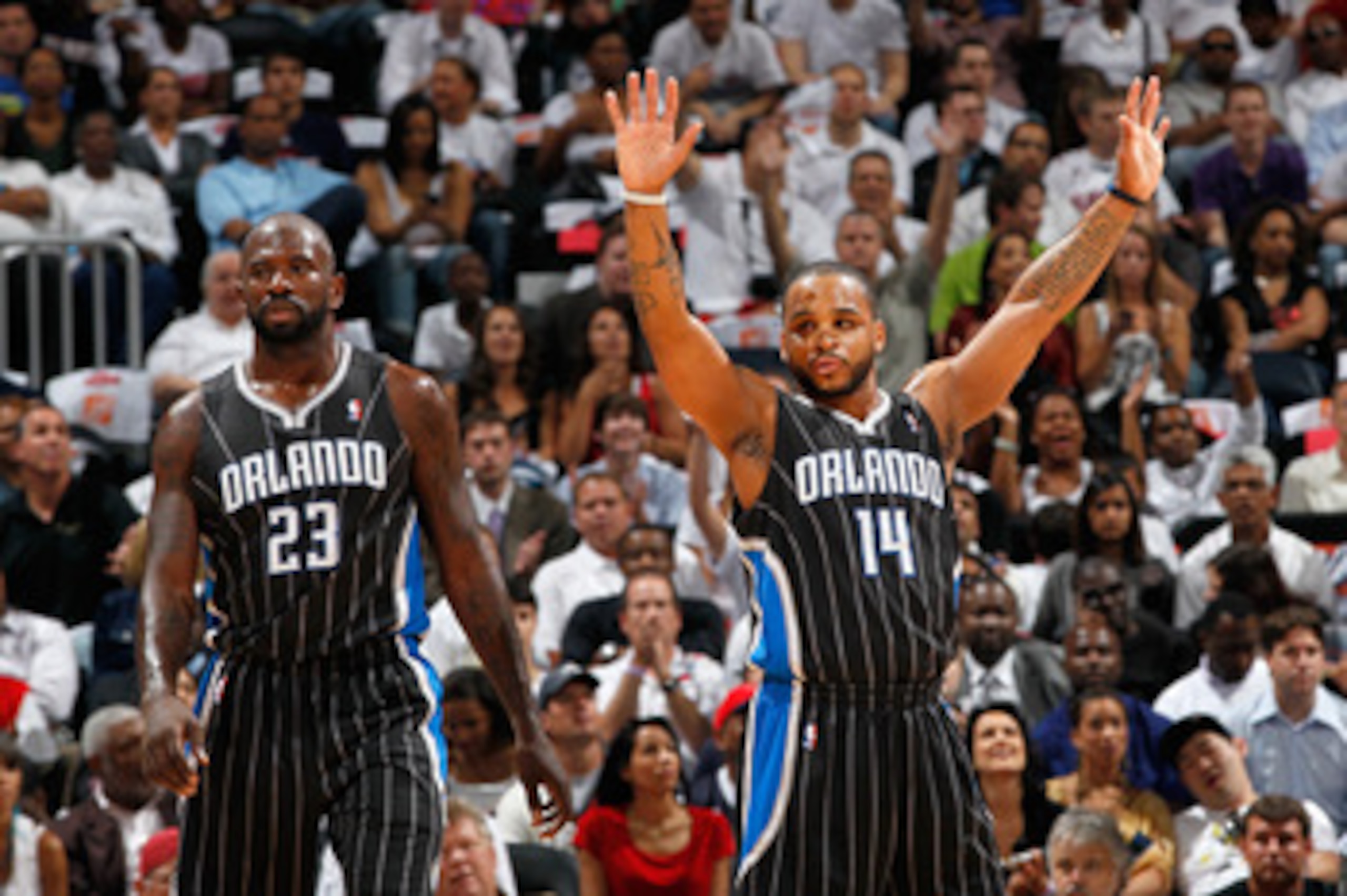 ATLANTA, GA - APRIL 28:  Jason Richardson #23 and Jameer Nelson #14 of the Orlando Magic against the Atlanta Hawks during Game Six of the Eastern Conference Quarterfinals in the 2011 NBA Playoffs at Philips Arena on April 28, 2011 in Atlanta, Georgia.  NO
