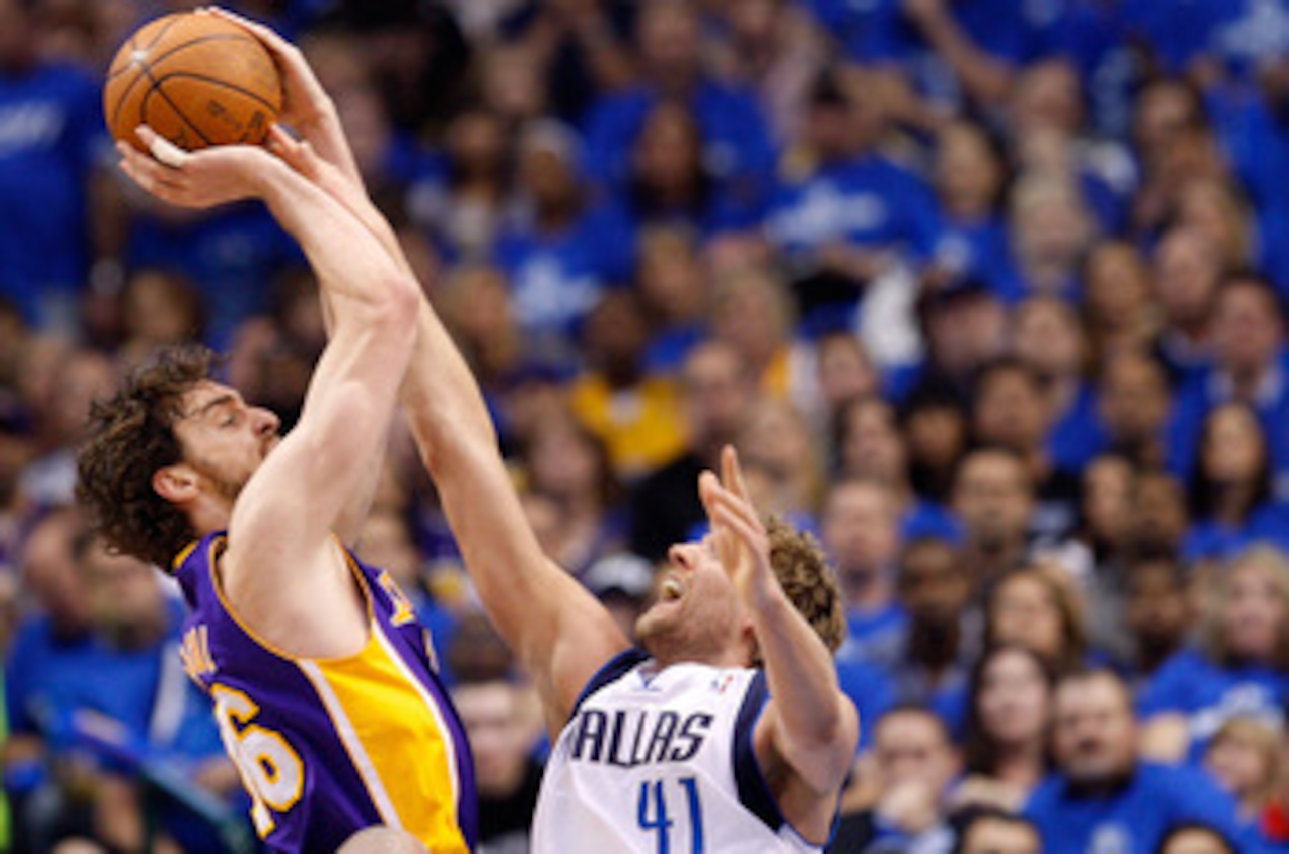 DALLAS, TX - MAY 06:  Forward Pau Gasol #16 of the Los Angeles Lakers takes a shot against Dirk Nowitzki #41 of the Dallas Mavericks in Game Three of the Western Conference Semifinals during the 2011 NBA Playoffs on May 6, 2011 at American Airlines Center