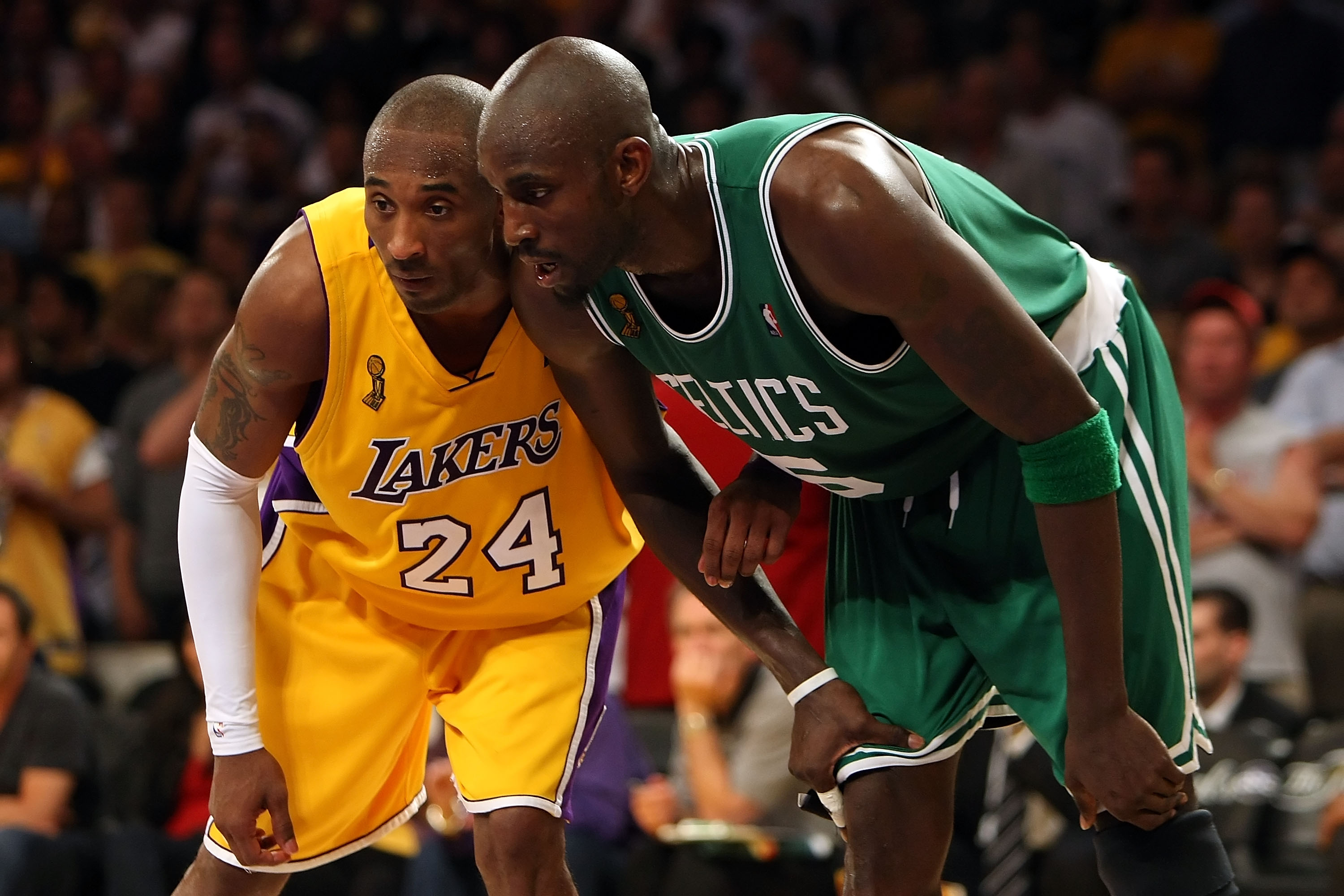 LOS ANGELES, CA - JUNE 10:  Kobe Bryant #24 of the Los Angeles Lakers puts his arm on Kevin Garnett #5 of the Boston Celtics in Game Three of the 2008 NBA Finals on June 10, 2008 at Staples Center in Los Angeles, California. NOTE TO USER: User expressly a