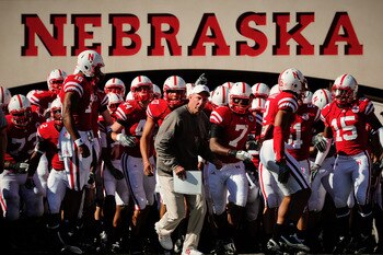 LINCOLN, NE - OCTOBER 30: Coach Bo Pelini  leads his Nebraska Cornhusker football team on the field against the Missouri Tigers at Memorial Stadium on October 30, 2010 in Lincoln, Nebraska. Nebraska Defeated Missouri 31-17. (Photo by Eric Francis/Getty Im