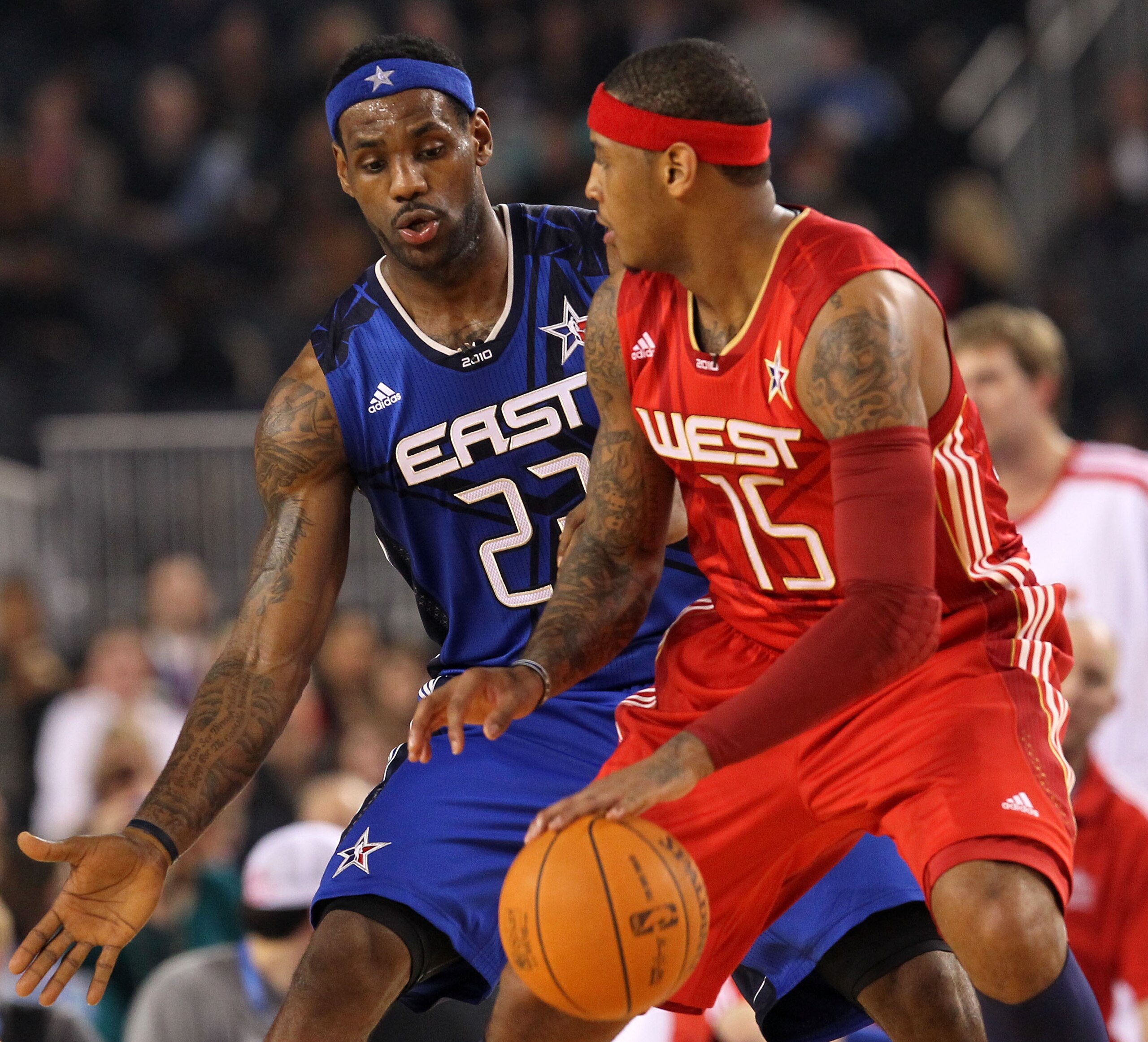 ARLINGTON, TX - FEBRUARY 14: Carmelo Anthony #15 of the Western Conference drives against LeBron James #23 of the Eastern Conference during the third quarter of the NBA All-Star Game, part of 2010 NBA All-Star Weekend at Cowboys Stadium on February 14, 2 ARLINGTON, TX - FEBRUARY 14: Carmelo Anthony #15 of the Western Conference drives against LeBron James #23 of the Eastern Conference during the third quarter of the NBA All-Star Game, part of 2010 NBA All-Star Weekend at Cowboys Stadium on February 14, 2