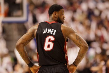 PHILADELPHIA, PA - APRIL 21: LeBron James #6 of the Miami Heat looks back to the bench during game three of the Eastern Conference Quarterfinals against the Philadelphia 76ers at Wells Fargo Center on April 21, 2011 in Philadelphia, Pennsylvania.NOTE TO U