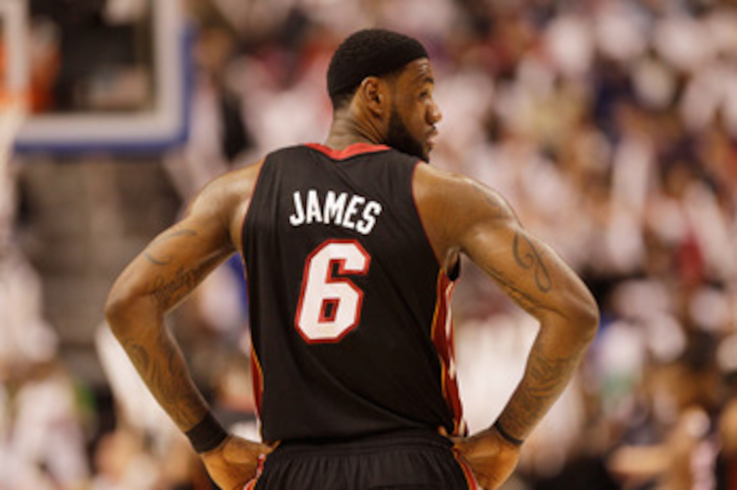PHILADELPHIA, PA - APRIL 21: LeBron James #6 of the Miami Heat looks back to the bench during game three of the Eastern Conference Quarterfinals against the Philadelphia 76ers at Wells Fargo Center on April 21, 2011 in Philadelphia, Pennsylvania.NOTE TO U