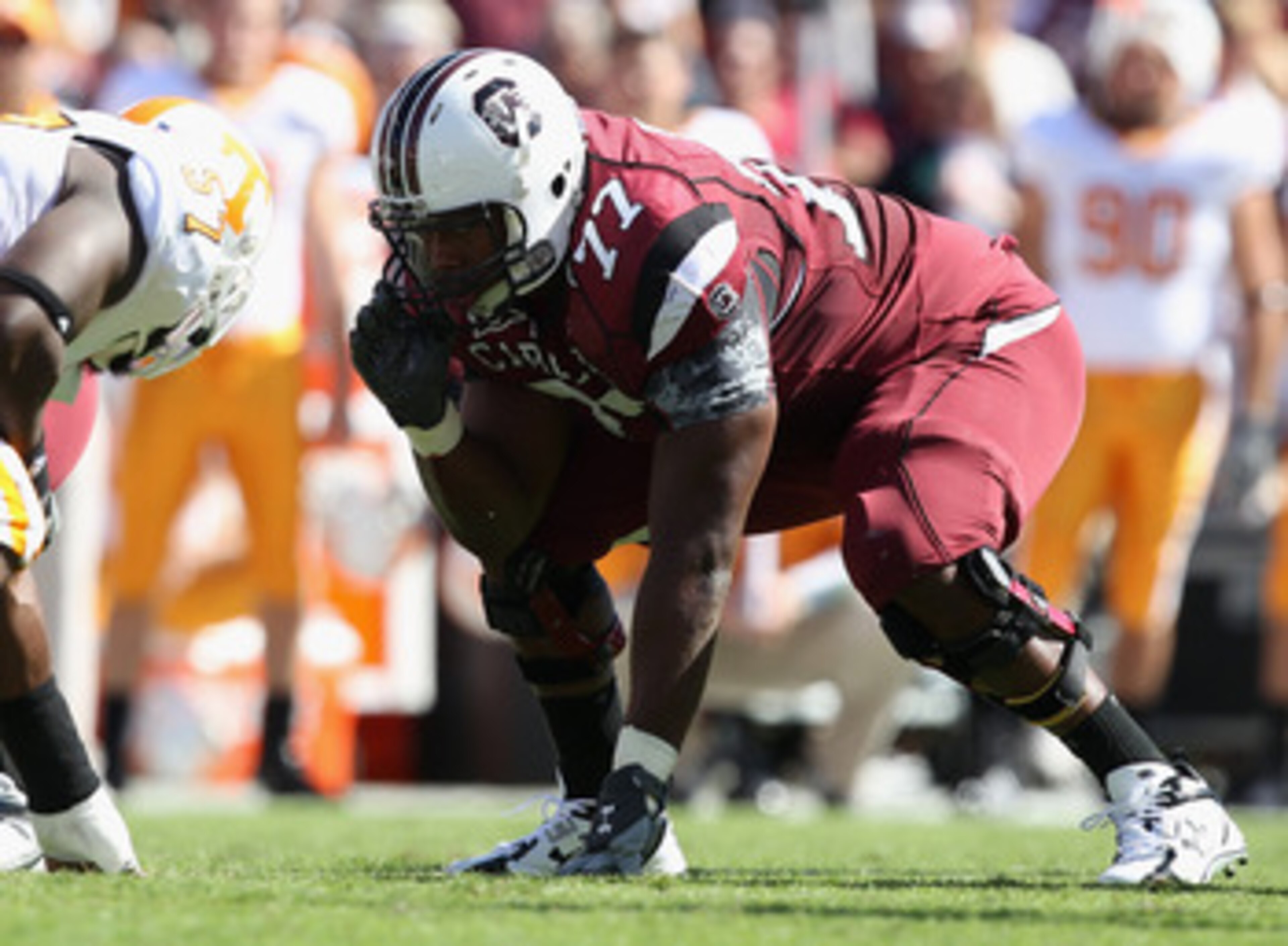 COLUMBIA, SC - OCTOBER 30:  Garrett Chisolm #77of the South Carolina Gamecocks against the Tennessee Volunteers during their game at Williams-Brice Stadium on October 30, 2010 in Columbia, South Carolina.  (Photo by Streeter Lecka/Getty Images)