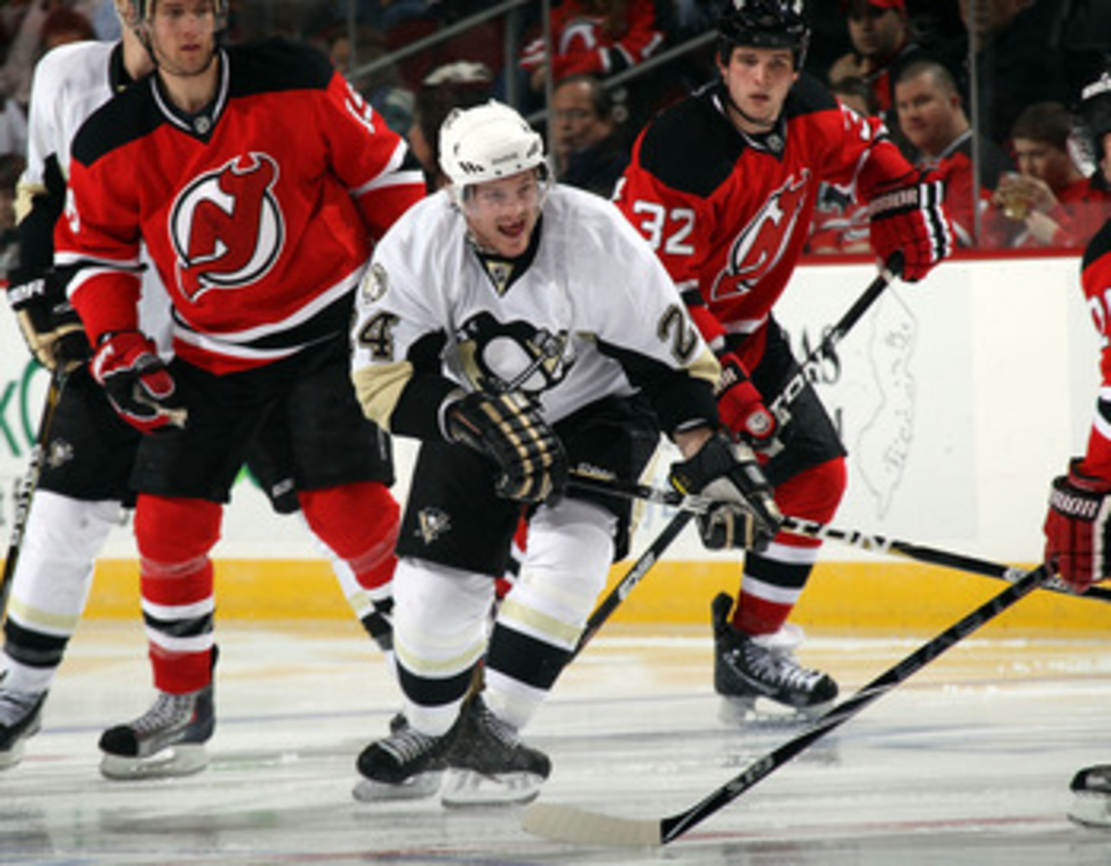NEWARK, NJ - MARCH 04:  Matt Cooke #24 of the Pittsburgh Penguins skates against the New Jersey Devils at the Prudential Center on March 4, 2011 in Newark, New Jersey. The Devils defeated the Penguins 2-1 in overtime.  (Photo by Bruce Bennett/Getty Images