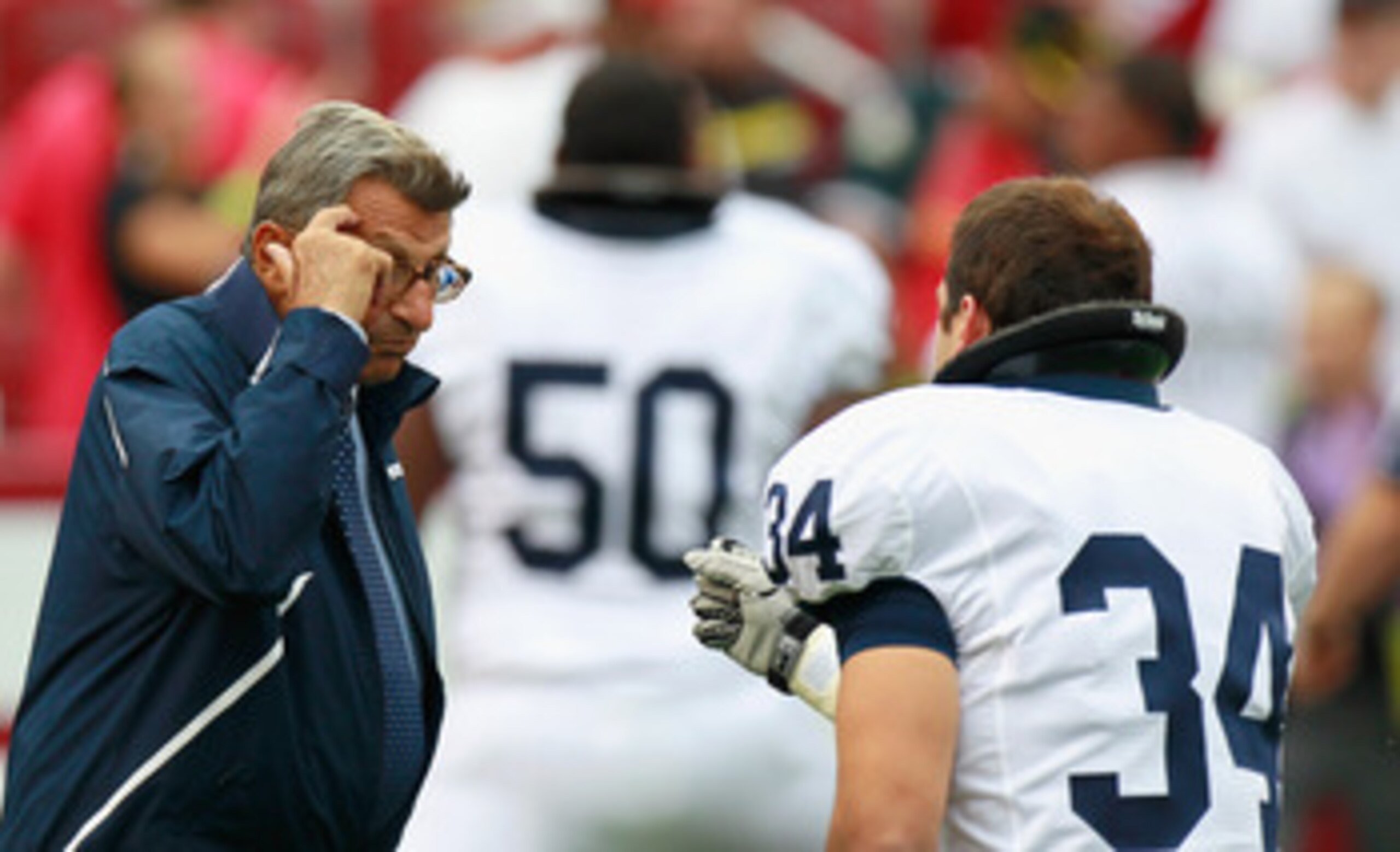 TUSCALOOSA, AL - SEPTEMBER 11:  Head coach Joe Paterno and Nate Stupar #34 of the Penn State Nittany Lions during warmups before facing the Alabama Crimson Tide at Bryant-Denny Stadium on September 11, 2010 in Tuscaloosa, Alabama.  (Photo by Kevin C. Cox/