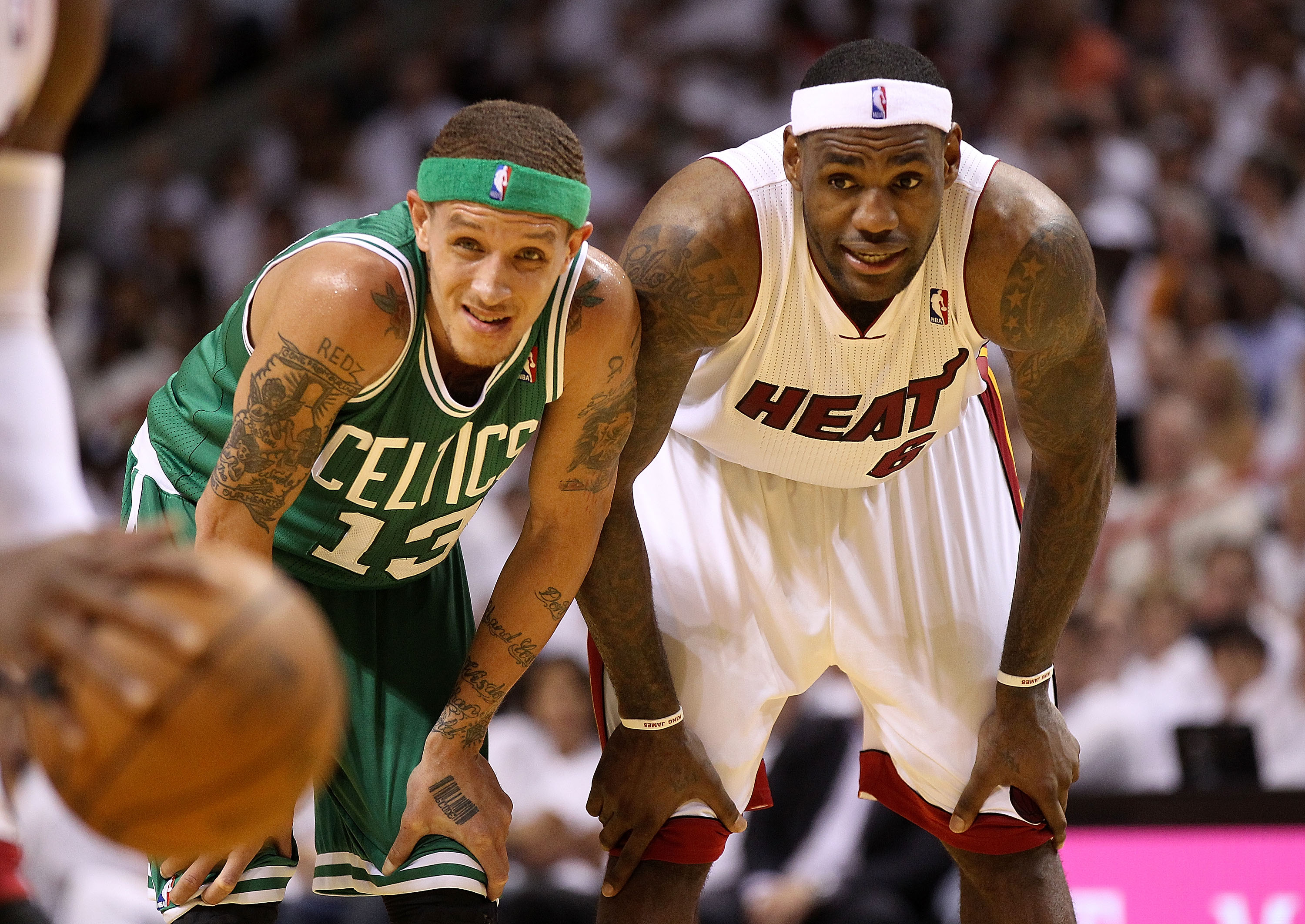 MIAMI, FL - MAY 03:  LeBron James #6 of the Miami Heat talks with Delonte West #13 of  the Boston Celtics during Game Two of the Eastern Conference Semifinals of the 2011 NBA Playoffs at American Airlines Arena on May 3, 2011 in Miami, Florida. NOTE TO US