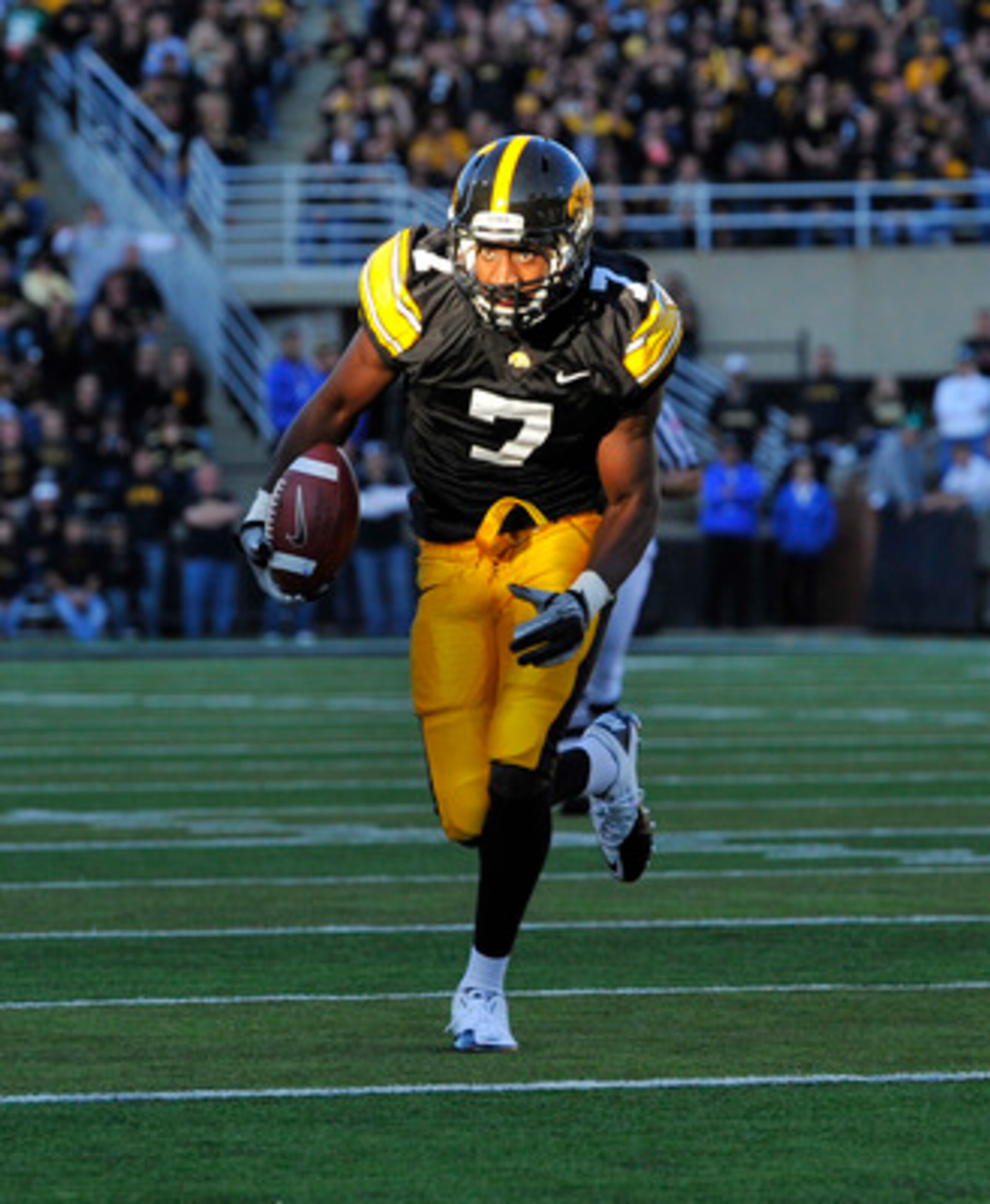 IOWA CITY, IA - OCTOBER 30- Wide receiver Marvin McNutt #7 of the University of Iowa Hawkeyes drives the ball into the end zone for a touch down during the second half of play against the Michigan State Spartans at Kinnick Stadium on October 30, 2010 in I IOWA CITY, IA - OCTOBER 30- Wide receiver Marvin McNutt #7 of the University of Iowa Hawkeyes drives the ball into the end zone for a touch down during the second half of play against the Michigan State Spartans at Kinnick Stadium on October 30, 2010 in I