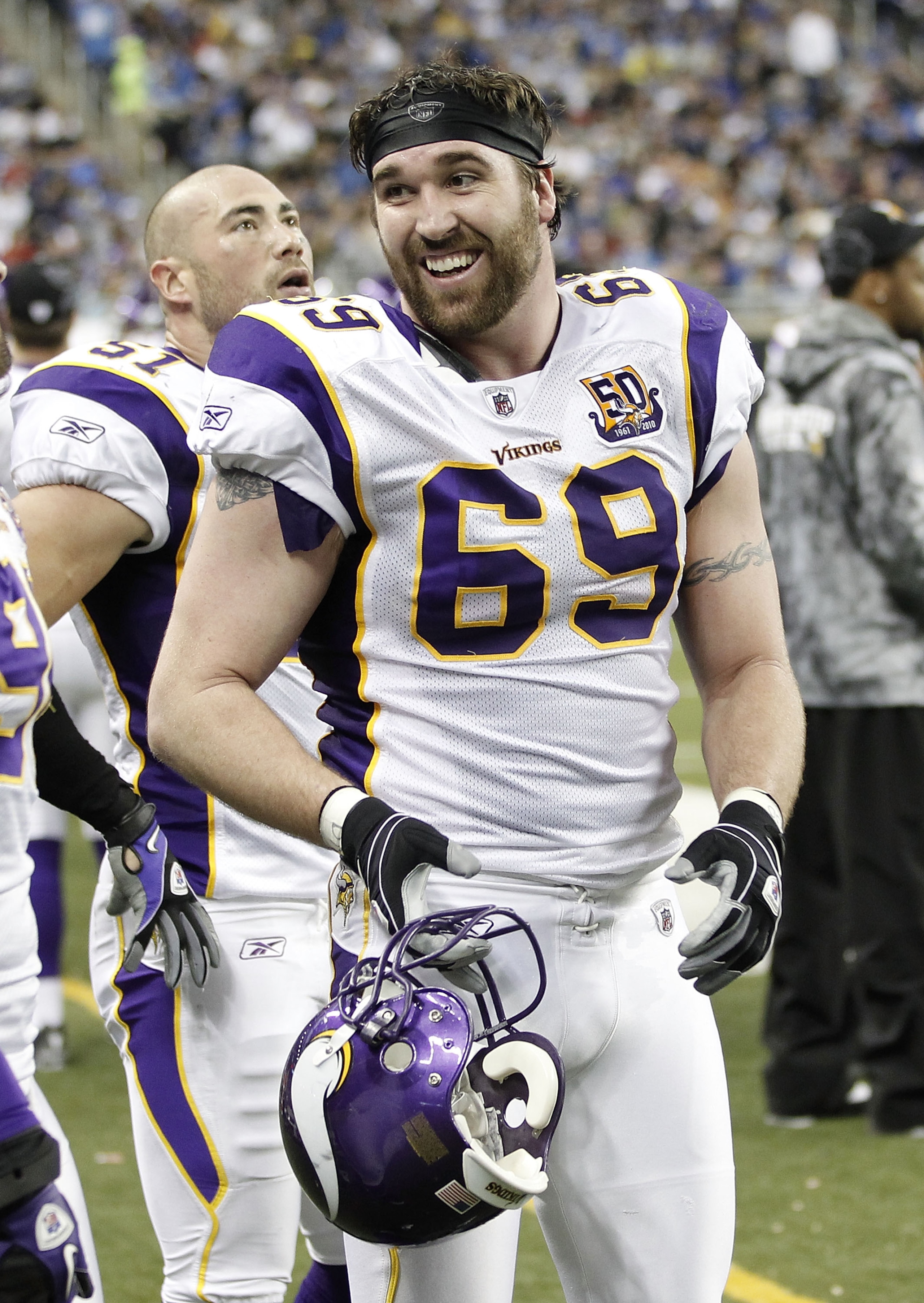 DETROIT, MI - JANUARY 02: Jared Allen #69 of the Minnesota Vikings smiles on the bench after returning an interception for a touchdown while playing the Detroit Lions at Ford Field on January 2, 2011 in Detroit, Michigan. Detroit won the game 20-13. (Ph DETROIT, MI - JANUARY 02: Jared Allen #69 of the Minnesota Vikings smiles on the bench after returning an interception for a touchdown while playing the Detroit Lions at Ford Field on January 2, 2011 in Detroit, Michigan. Detroit won the game 20-13. (Ph