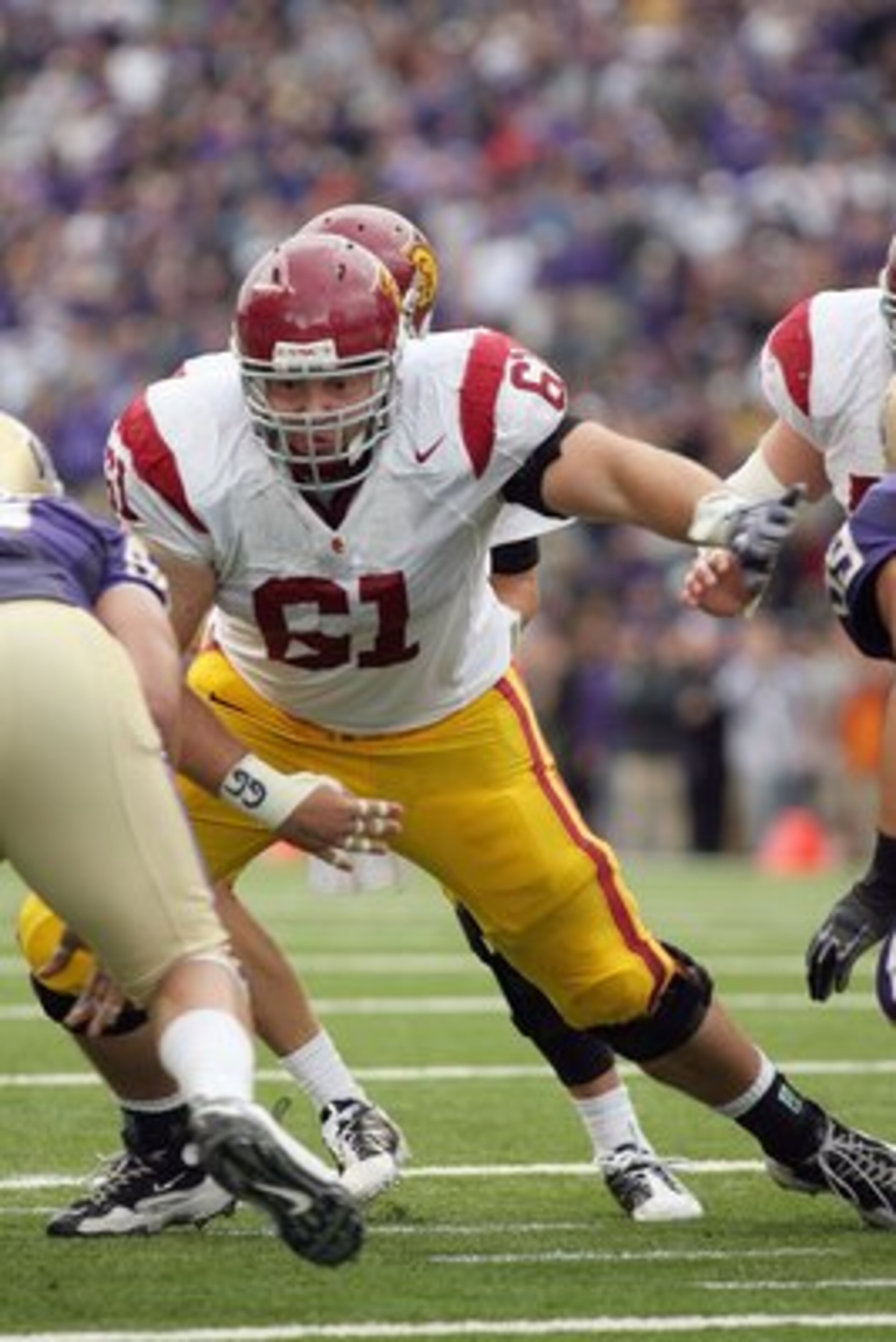 SEATTLE - SEPTEMBER 19:  Center Kristofer O'Dowd #61 of the USC Trojans moves on the line during the game against the Washington Huskies on September 19, 2009 at Husky Stadium in Seattle, Washington. The Huskies defeated the Trojans 16-13. (Photo by Otto 