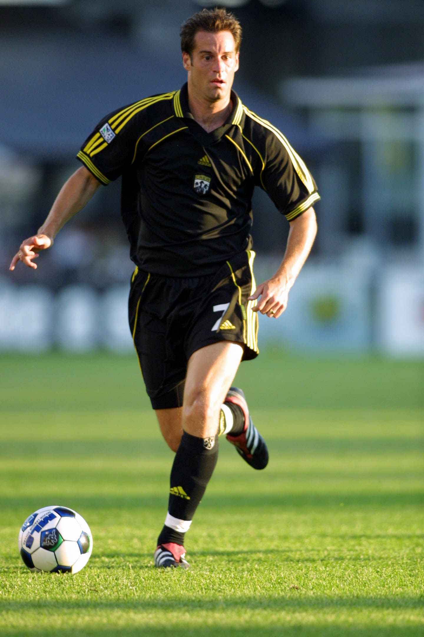 16 Jun 2001: John Harkes #7 of the Columbus Crew dribbles down field during the match against the Tampa Bay Mutiny at Columbus Crew Stadium in Columbus, Ohio. The Crew defeated the Mutiny 6-1. DIGITAL IMAGE. Mandatory Credit: Tom Pidgeon/ALLSPORT