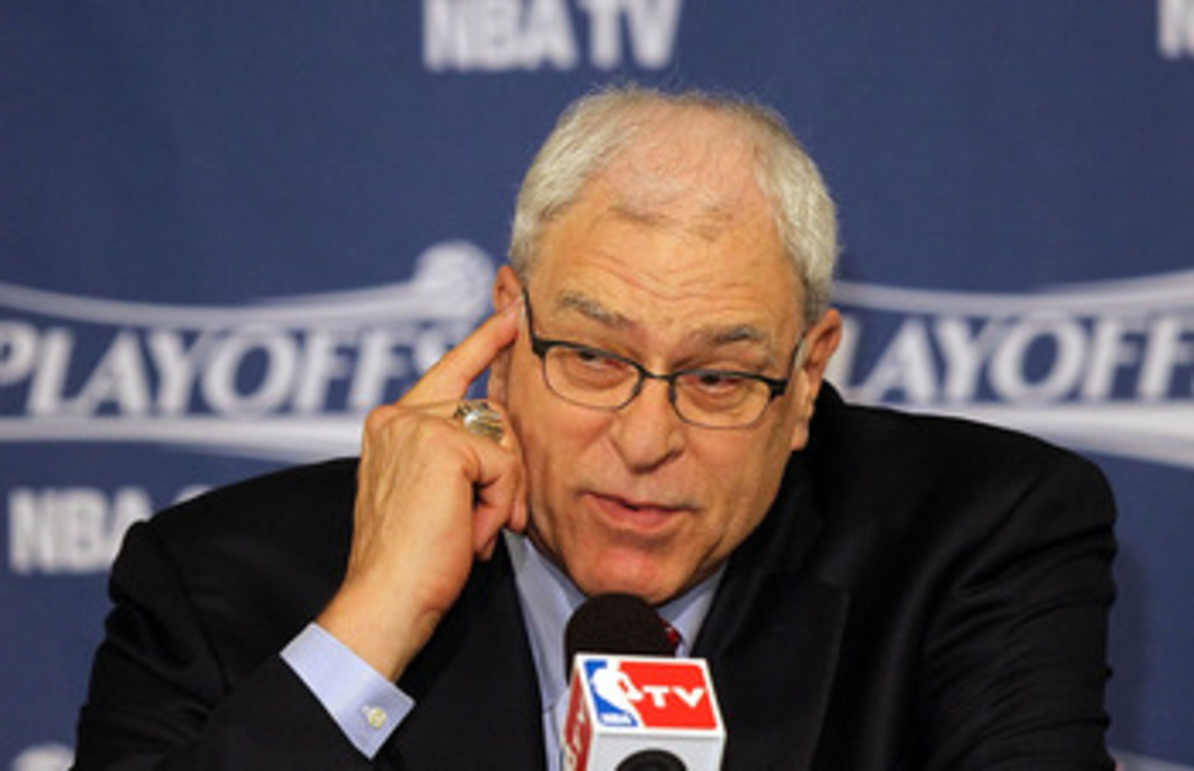 DALLAS, TX - MAY 08: Head coach Phil Jackson of the Los Angeles Lakers during a press conference after a loss against the Dallas Mavericks in Game Four of the Western Conference Semifinals during the 2011 NBA Playoffs on May 8, 2011 at American Airlines DALLAS, TX - MAY 08: Head coach Phil Jackson of the Los Angeles Lakers during a press conference after a loss against the Dallas Mavericks in Game Four of the Western Conference Semifinals during the 2011 NBA Playoffs on May 8, 2011 at American Airlines