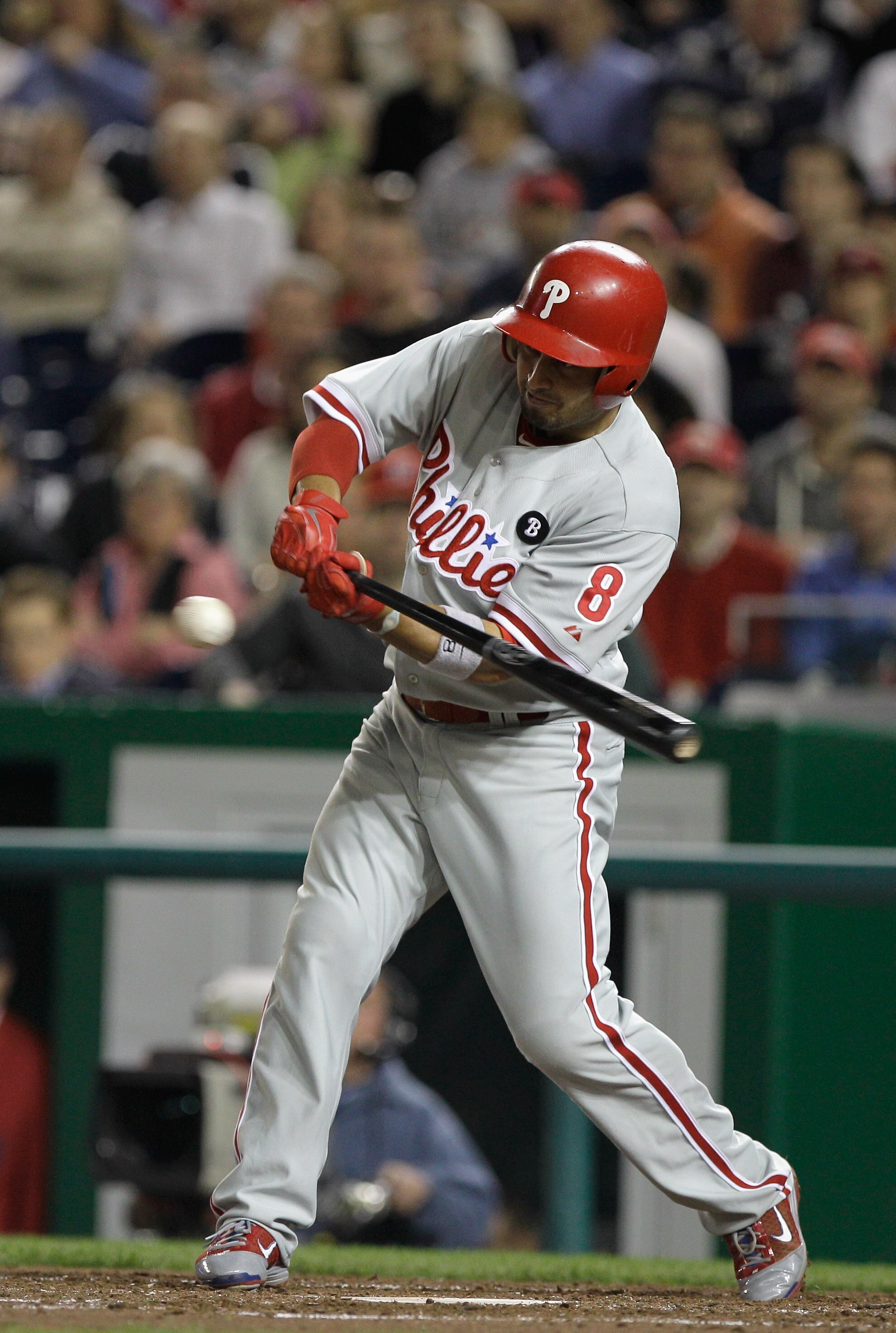 WASHINGTON, DC - APRIL 14: Shane Victorino #8 of the Philadelphia Phillies at the plate against the Washington Nationals at Nationals Park on April 14, 2011 in Washington, DC.  (Photo by Rob Carr/Getty Images)