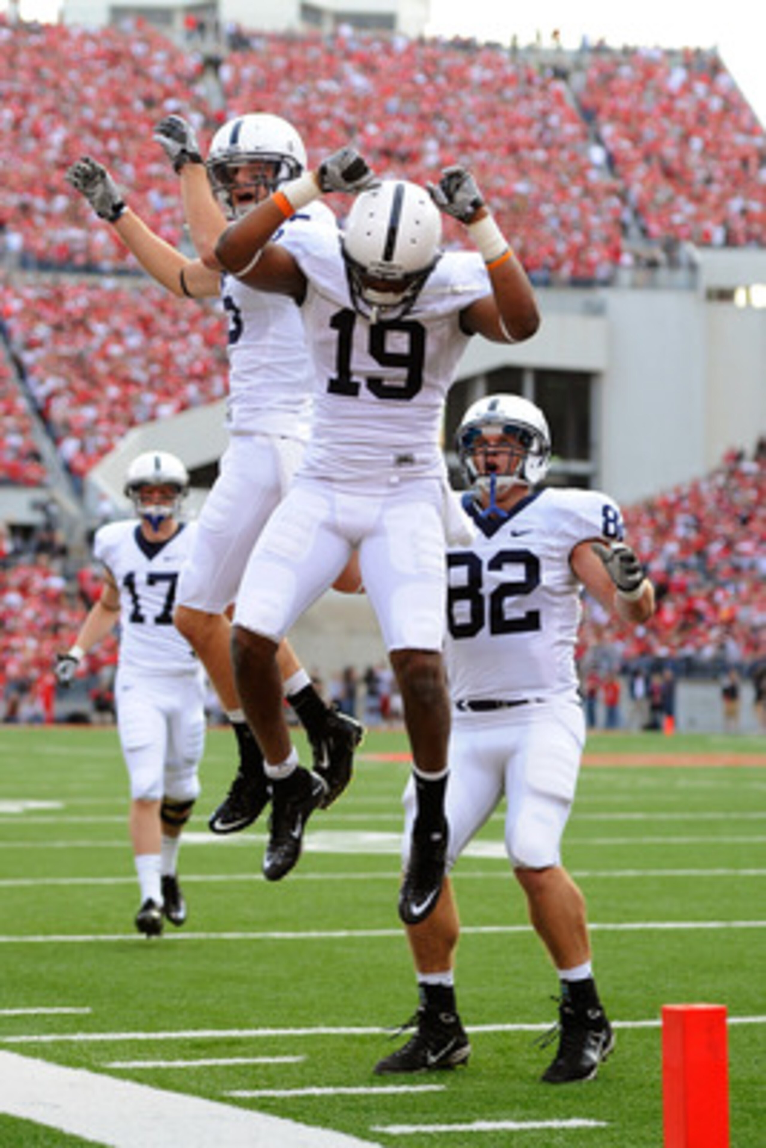 COLUMBUS, OH - NOVEMBER 13:  Justin Brown #19 of the Penn State Nittany Lions celebrates his first quarter touchdown reception against the Ohio State Buckeyes at Ohio Stadium on November 13, 2010 in Columbus, Ohio.  (Photo by Jamie Sabau/Getty Images)
